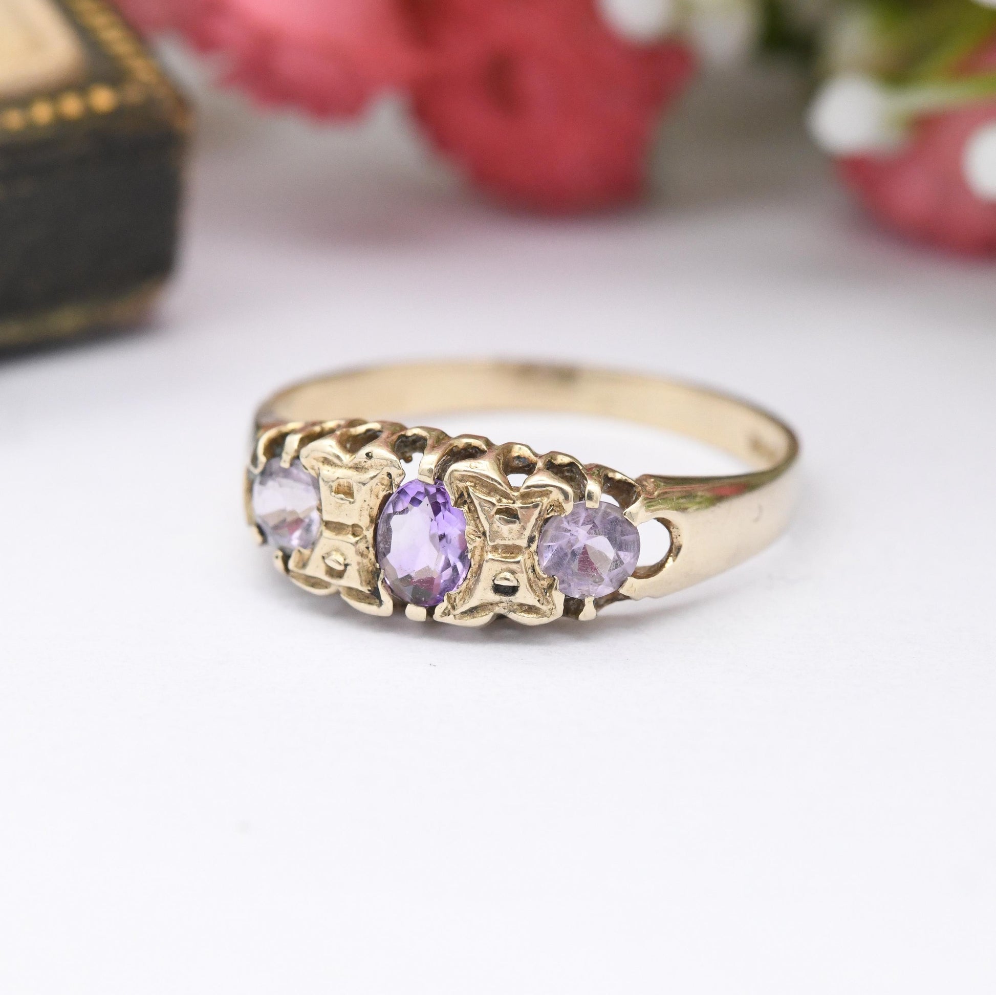 Vintage 9ct Gold Amethyst Three Stone Boat Ring 1993 - Antique Edwardian Style Trilogy Ring | Pretty Gift | UK Size - N | US Size - 6 3/4