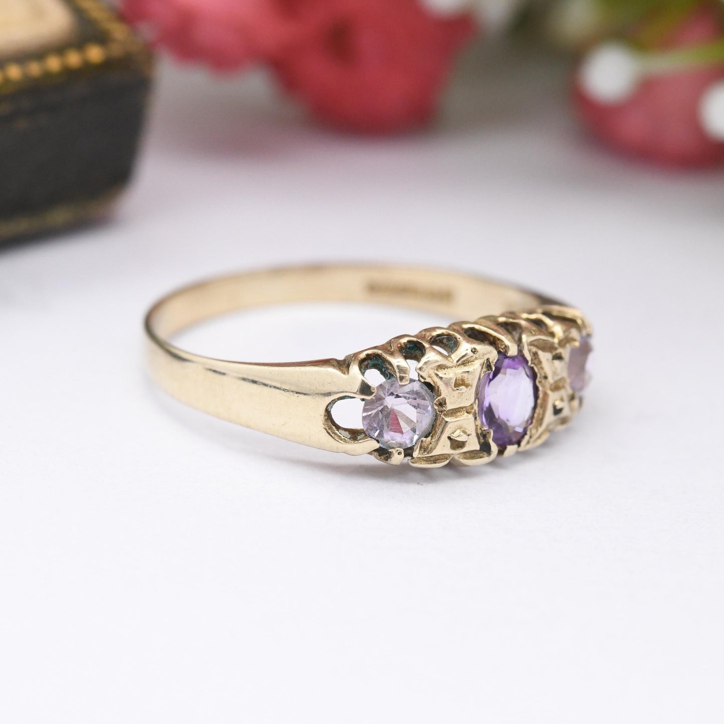 Vintage 9ct Gold Amethyst Three Stone Boat Ring 1993 - Antique Edwardian Style Trilogy Ring | Pretty Gift | UK Size - N | US Size - 6 3/4