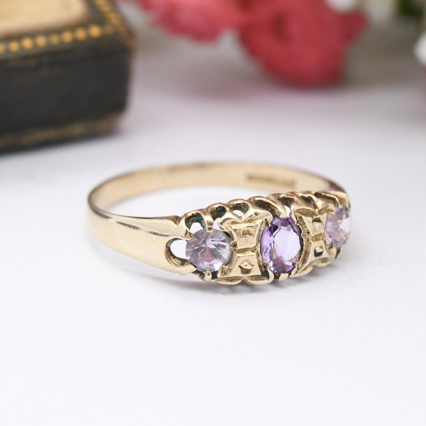 Vintage 9ct Gold Amethyst Three Stone Boat Ring 1993 - Antique Edwardian Style Trilogy Ring | Pretty Gift | UK Size - N | US Size - 6 3/4