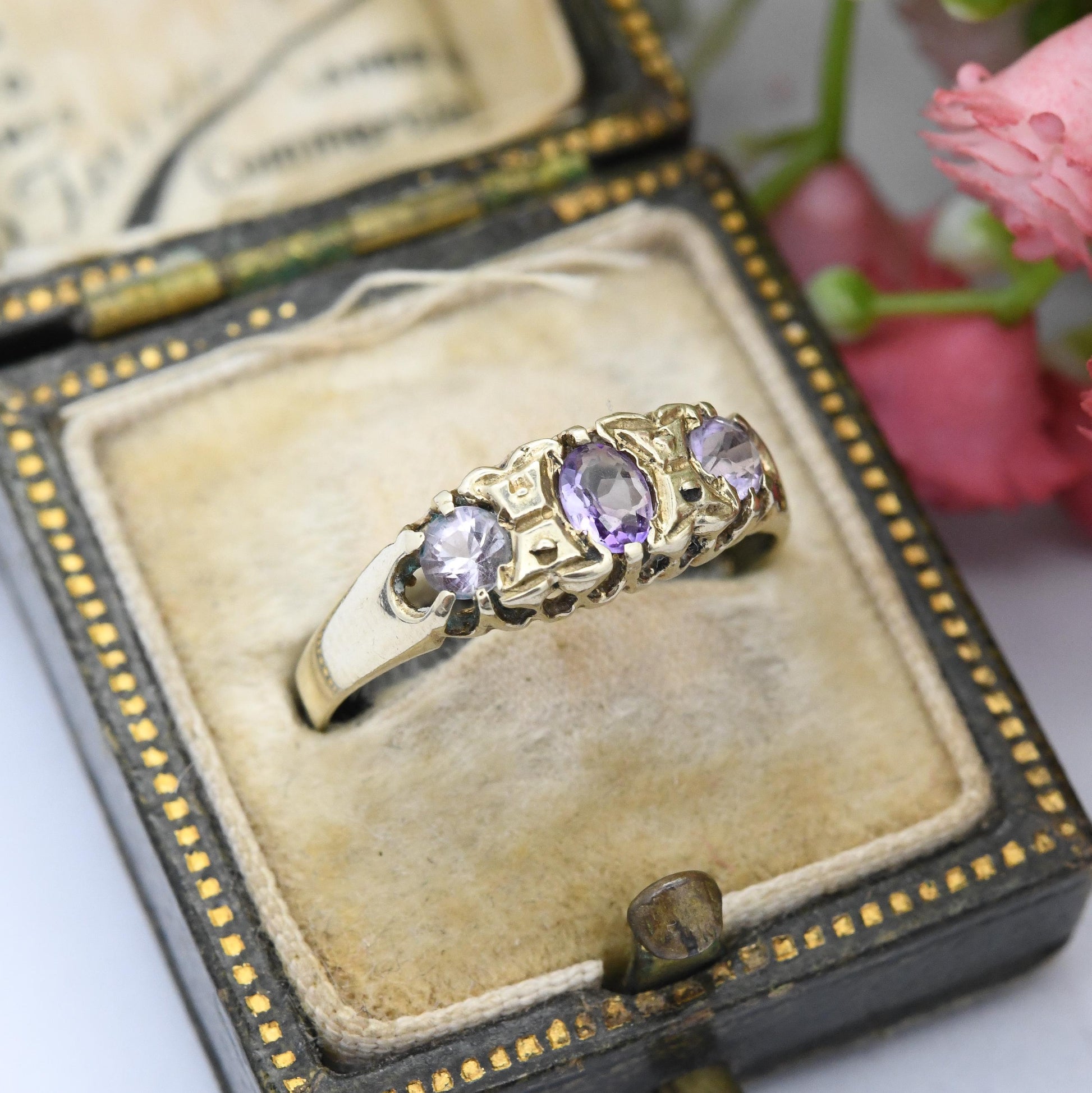 Vintage 9ct Gold Amethyst Three Stone Boat Ring 1993 - Antique Edwardian Style Trilogy Ring | Pretty Gift | UK Size - N | US Size - 6 3/4