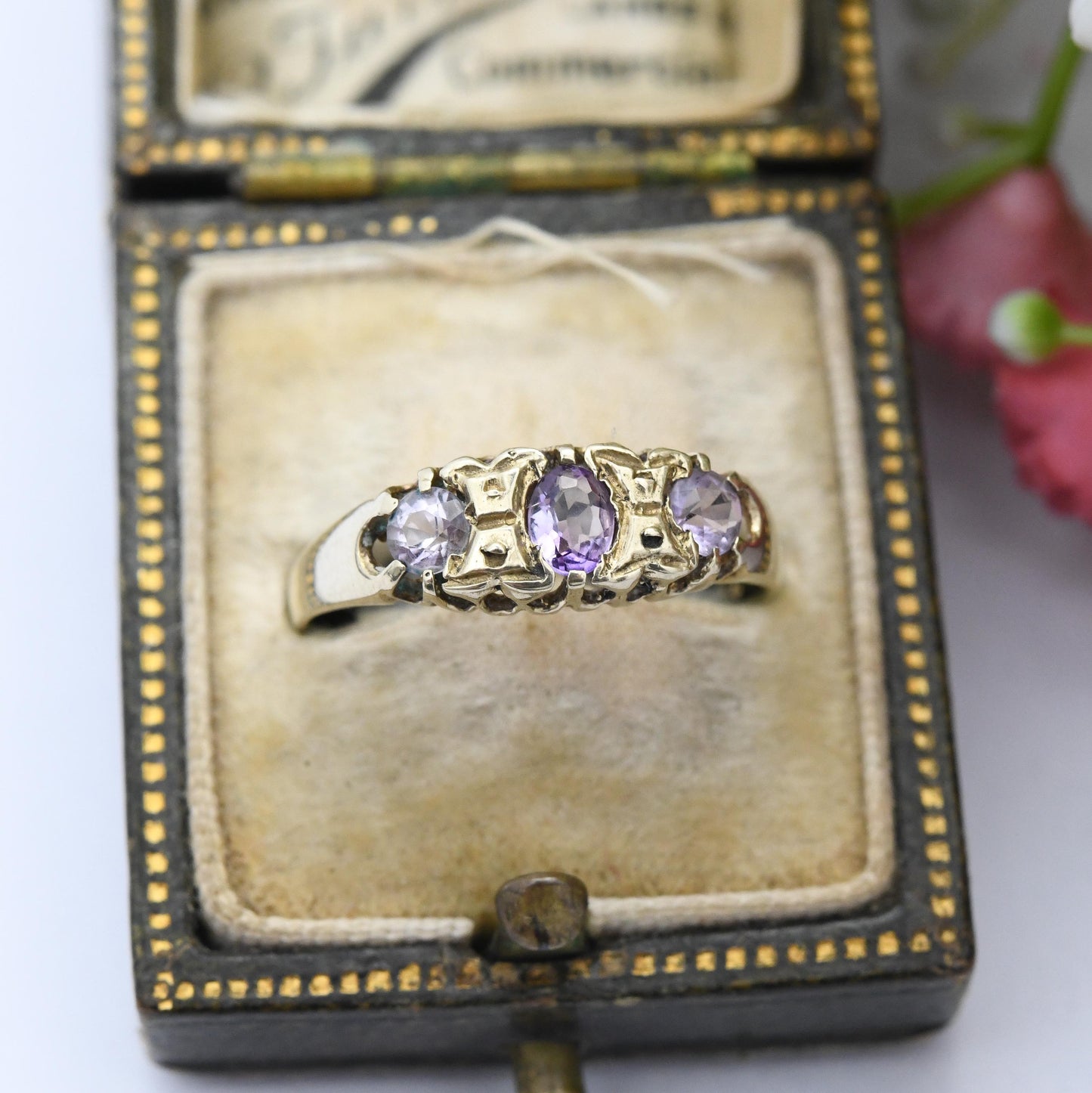 Vintage 9ct Gold Amethyst Three Stone Boat Ring 1993 - Antique Edwardian Style Trilogy Ring | Pretty Gift | UK Size - N | US Size - 6 3/4