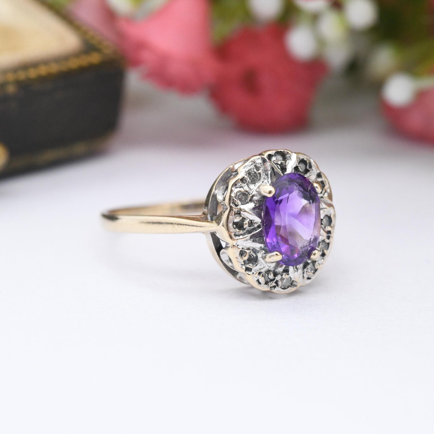 Vintage 9ct Gold Amethyst Diamond Halo Ring - Pretty Solid Gold Jewellery Gift Mid-Century Purple Halo | UK Size - K 1/2 | US Size - 5 1/2