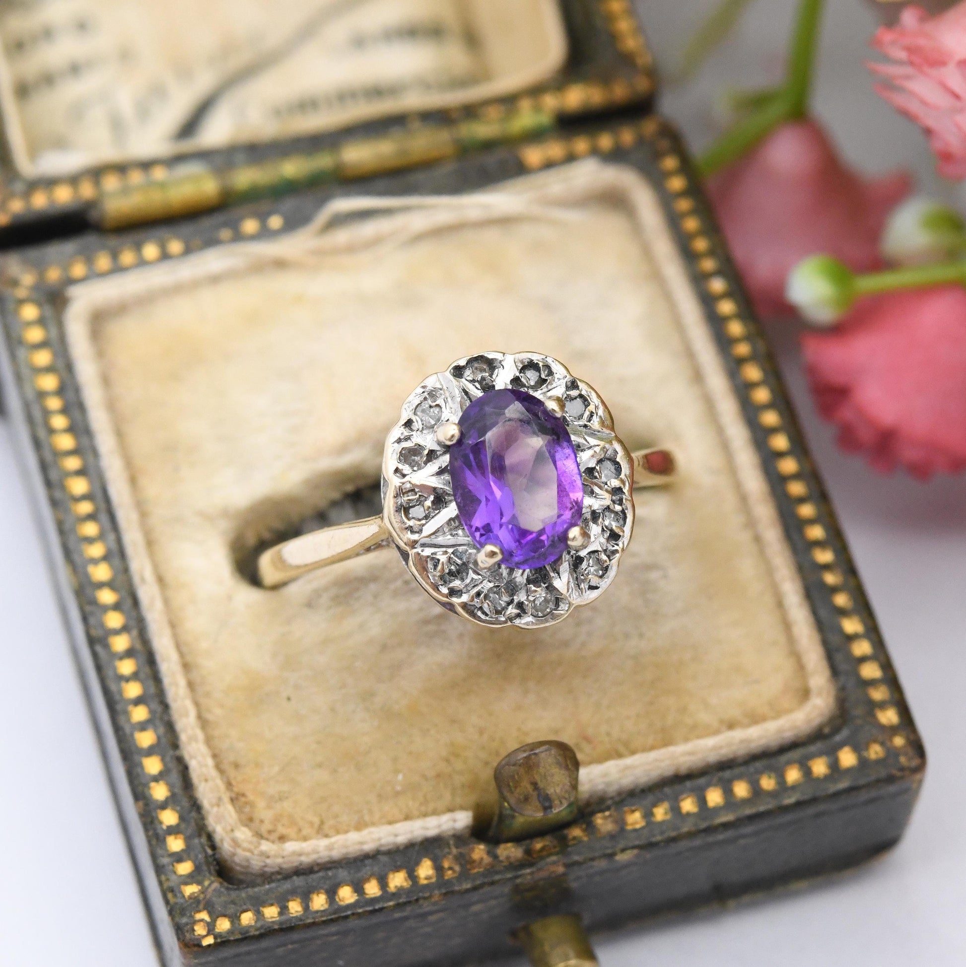 Vintage 9ct Gold Amethyst Diamond Halo Ring - Pretty Solid Gold Jewellery Gift Mid-Century Purple Halo | UK Size - K 1/2 | US Size - 5 1/2