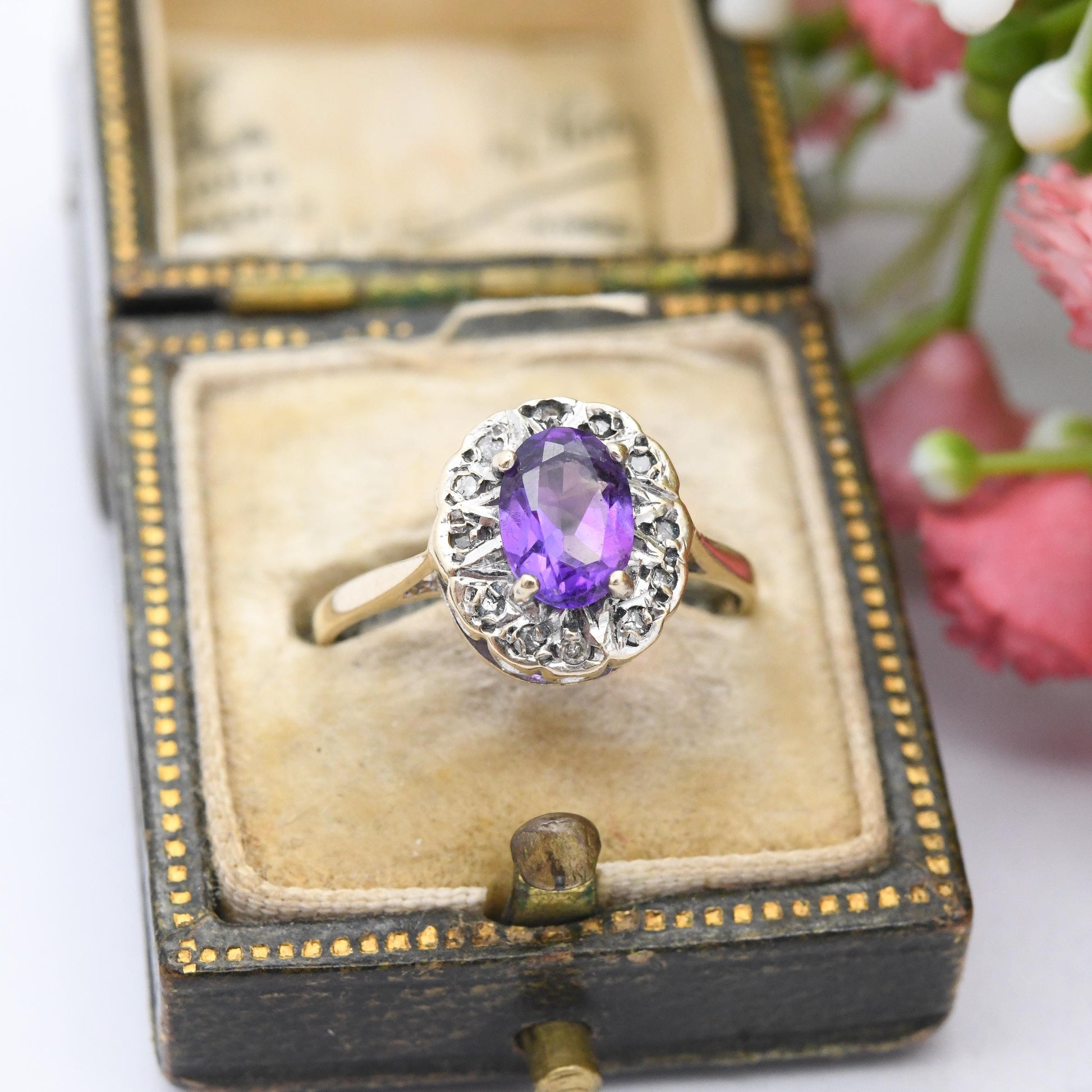 Vintage 9ct Gold Amethyst Diamond Halo Ring - Pretty Solid Gold Jewellery Gift Mid-Century Purple Halo | UK Size - K 1/2 | US Size - 5 1/2