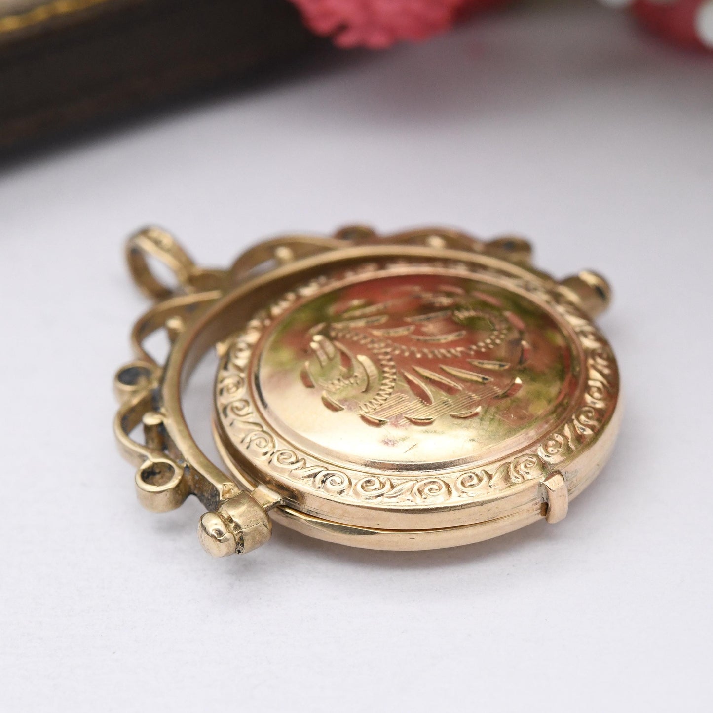 Vintage 9ct Gold Locket Spinning Fob Pendant with Star Set Diamond - Mid-Century Victorian Revival Jewellery Ornate Border Design Two Photos