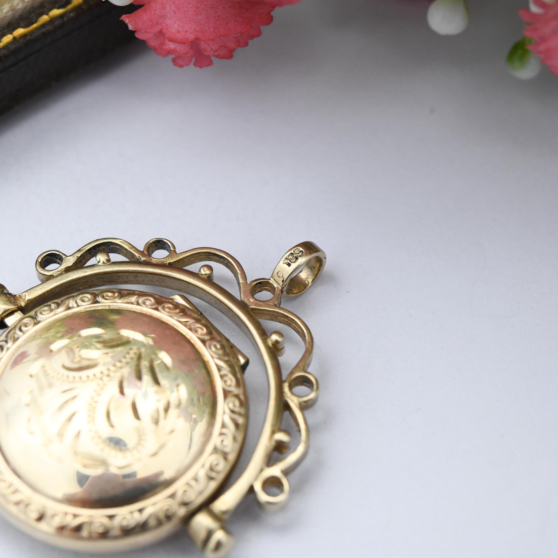 Vintage 9ct Gold Locket Spinning Fob Pendant with Star Set Diamond - Mid-Century Victorian Revival Jewellery Ornate Border Design Two Photos