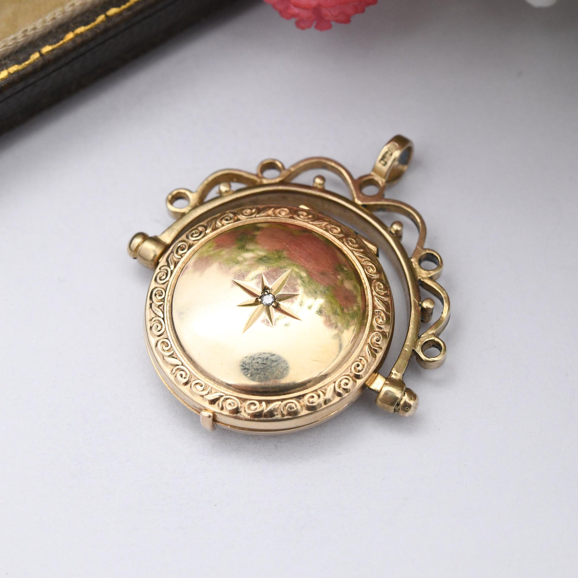 Vintage 9ct Gold Locket Spinning Fob Pendant with Star Set Diamond - Mid-Century Victorian Revival Jewellery Ornate Border Design Two Photos