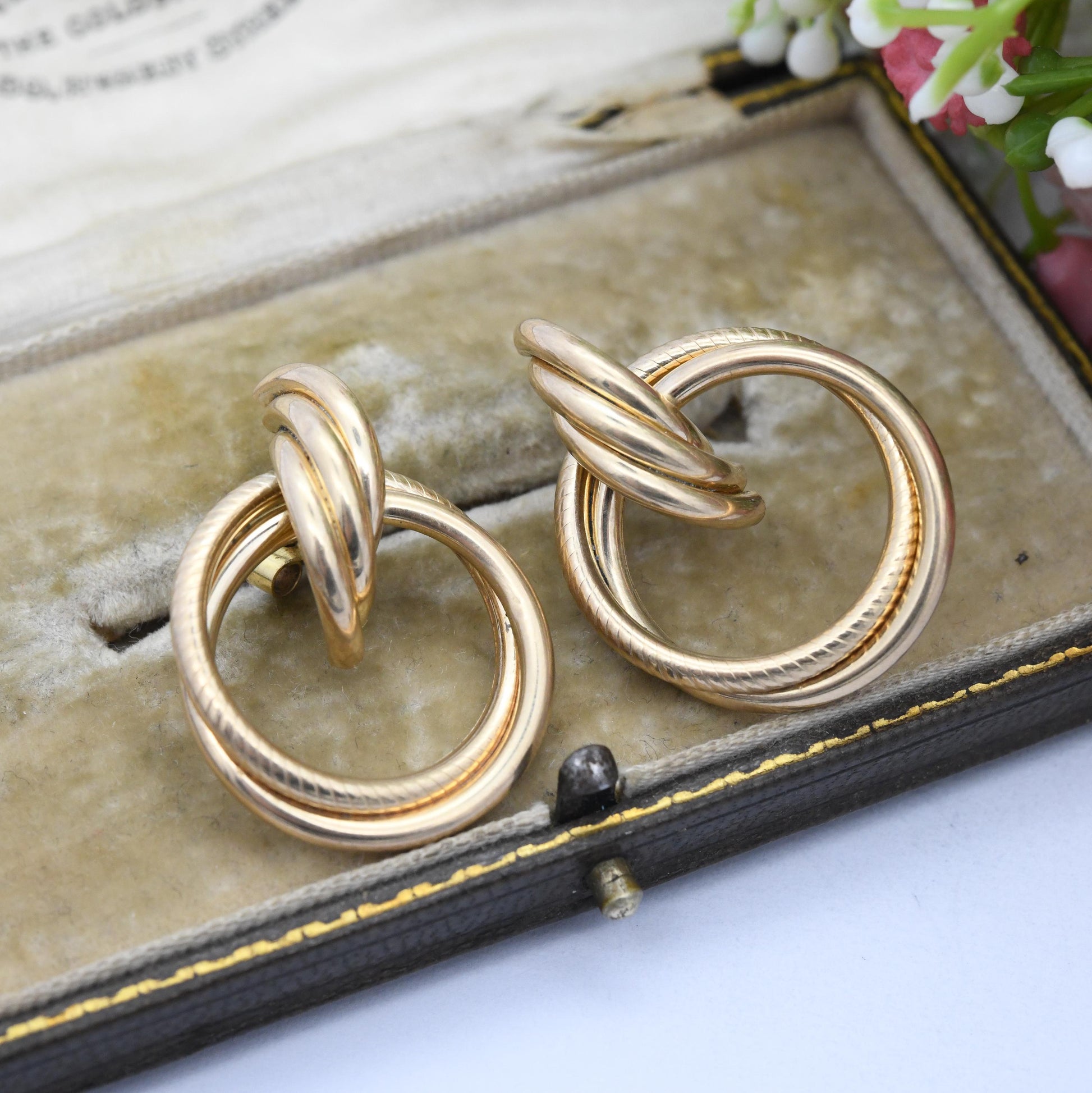 Vintage 9ct Gold Twist Front Facing Hoop Stud Earrings - Large Chunky Hollow Gold Studs Crossed Rings | Butterfly Backs | Hallmarked Gold