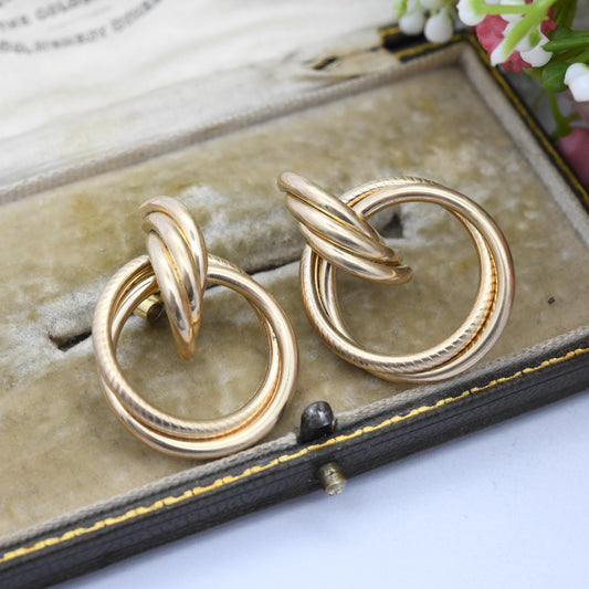 Vintage 9ct Gold Twist Front Facing Hoop Stud Earrings - Large Chunky Hollow Gold Studs Crossed Rings | Butterfly Backs | Hallmarked Gold