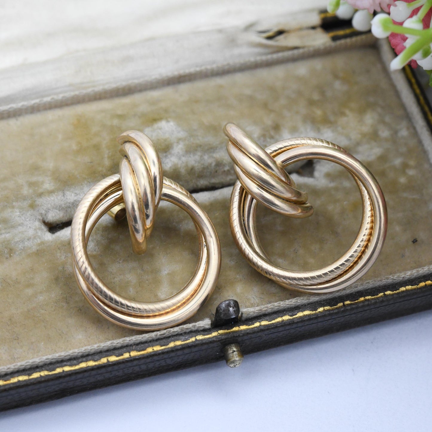 Vintage 9ct Gold Twist Front Facing Hoop Stud Earrings - Large Chunky Hollow Gold Studs Crossed Rings | Butterfly Backs | Hallmarked Gold