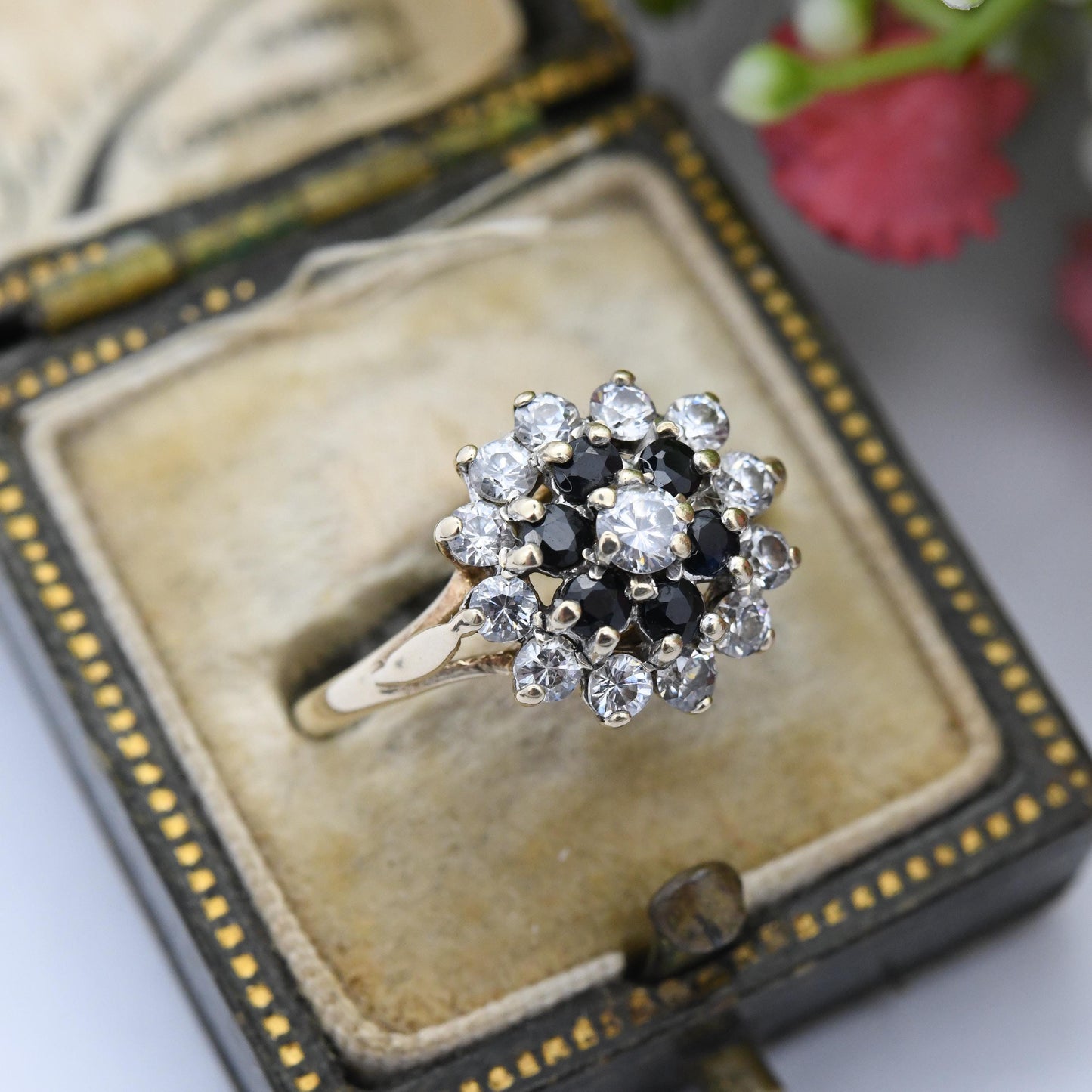 Vintage 9ct Gold Sapphire CZ Halo Cluster Ring - Blue Stone and Clear Cubic Zirconia Cocktail Statement Ring | UK Size - M | US Size - 6