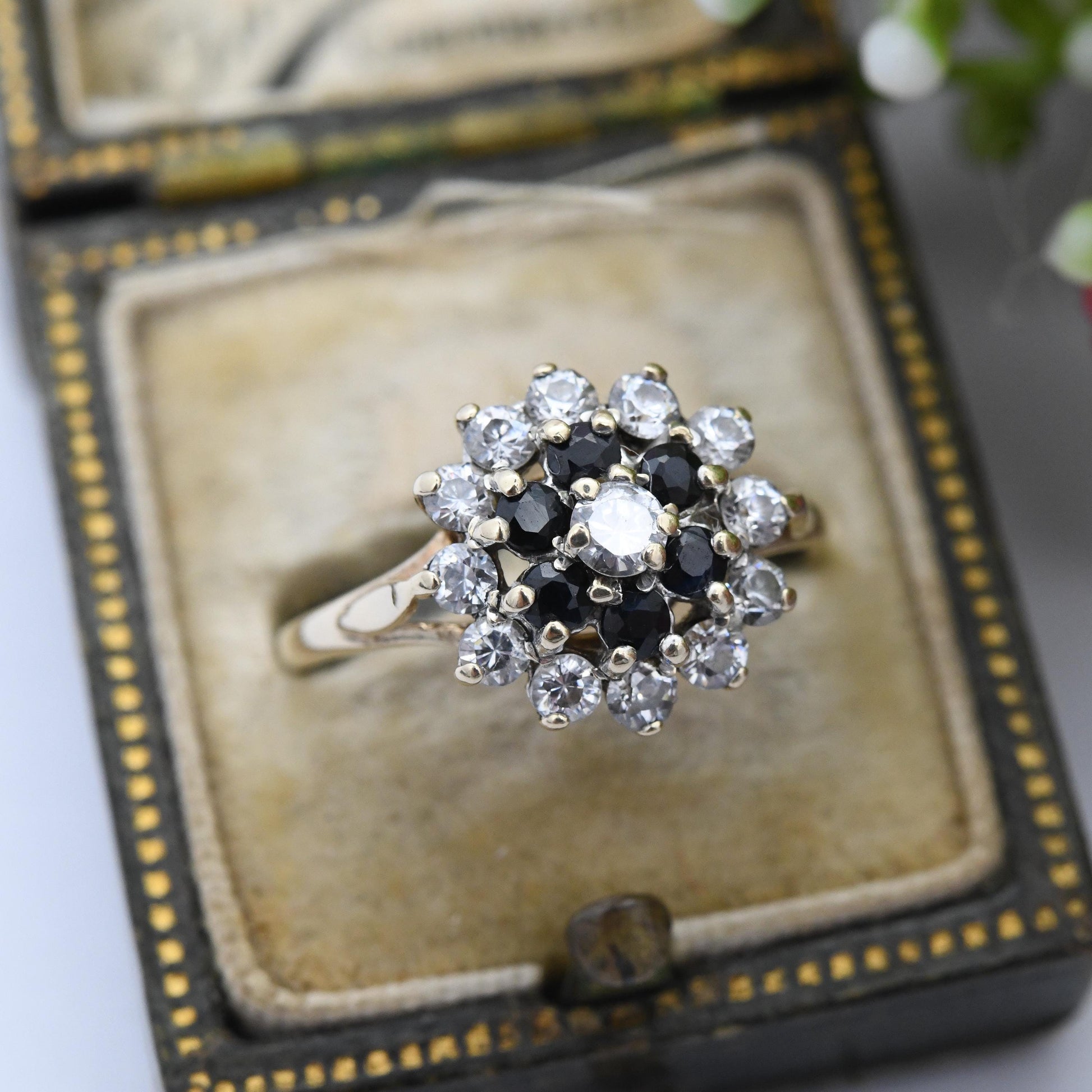 Vintage 9ct Gold Sapphire CZ Halo Cluster Ring - Blue Stone and Clear Cubic Zirconia Cocktail Statement Ring | UK Size - M | US Size - 6