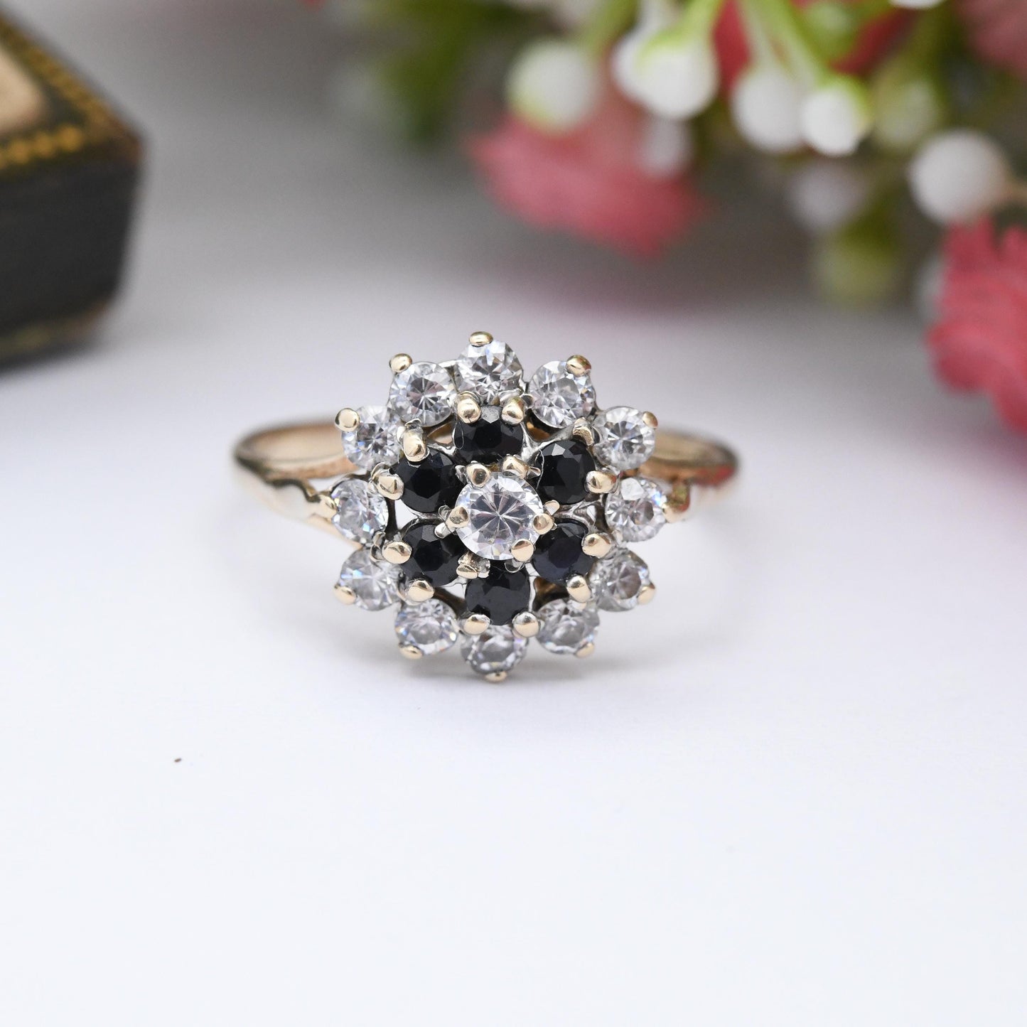 Vintage 9ct Gold Sapphire CZ Halo Cluster Ring - Blue Stone and Clear Cubic Zirconia Cocktail Statement Ring | UK Size - M | US Size - 6