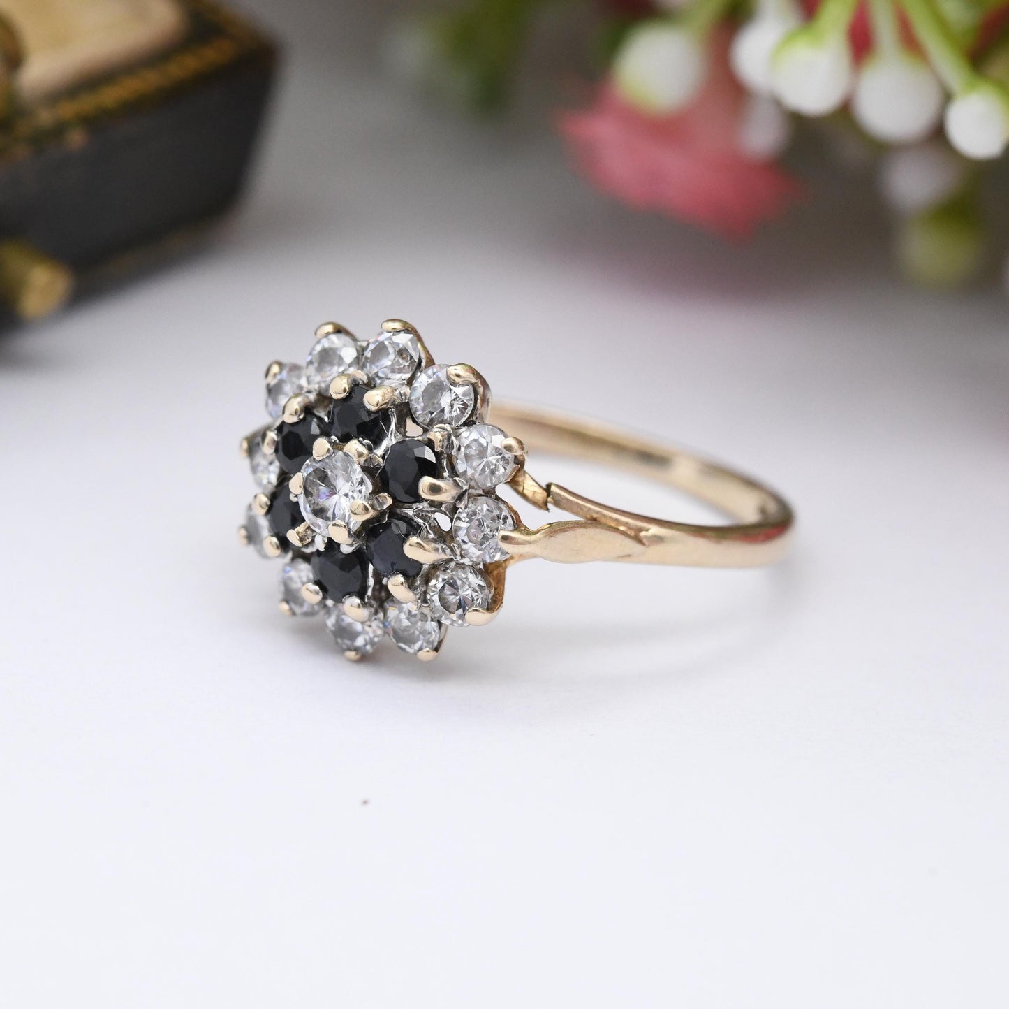 Vintage 9ct Gold Sapphire CZ Halo Cluster Ring - Blue Stone and Clear Cubic Zirconia Cocktail Statement Ring | UK Size - M | US Size - 6