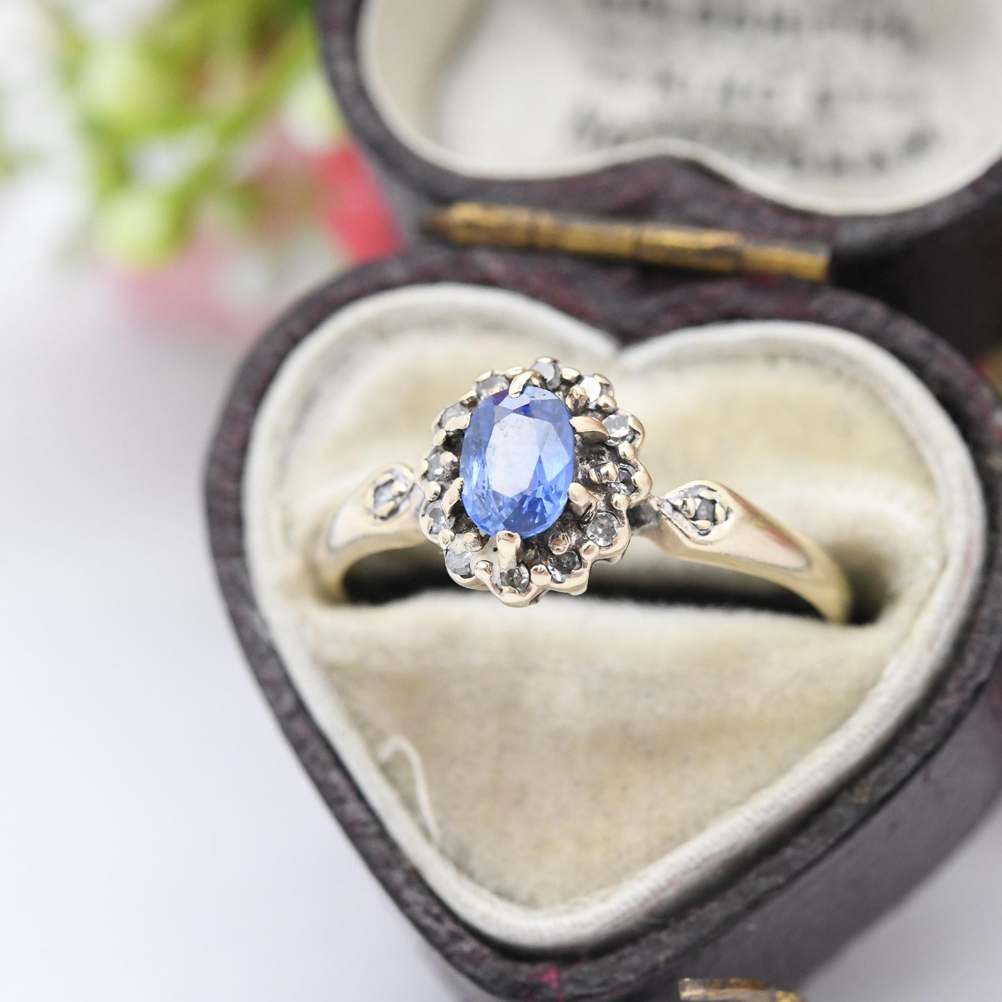 Vintage 9ct Gold Sapphire Diamond Halo Ring 1990 - Pretty Light Blue Gemstone Floral Ring Gift for Her | UK Size - N | US Size - 6 3/4
