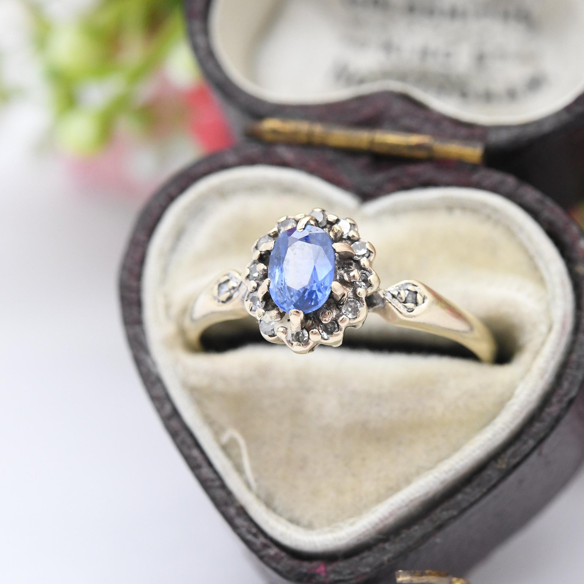 Vintage 9ct Gold Sapphire Diamond Halo Ring 1990 - Pretty Light Blue Gemstone Floral Ring Gift for Her | UK Size - N | US Size - 6 3/4