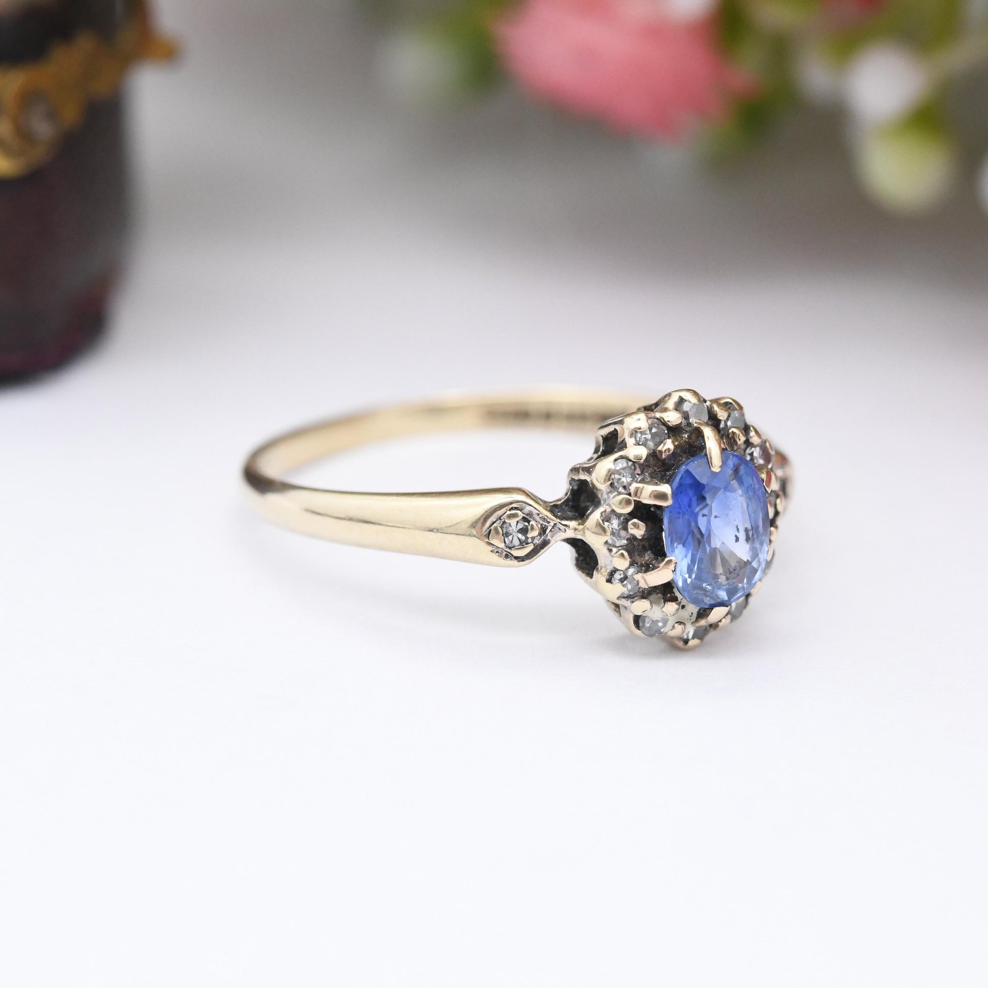 Vintage 9ct Gold Sapphire Diamond Halo Ring 1990 - Pretty Light Blue Gemstone Floral Ring Gift for Her | UK Size - N | US Size - 6 3/4