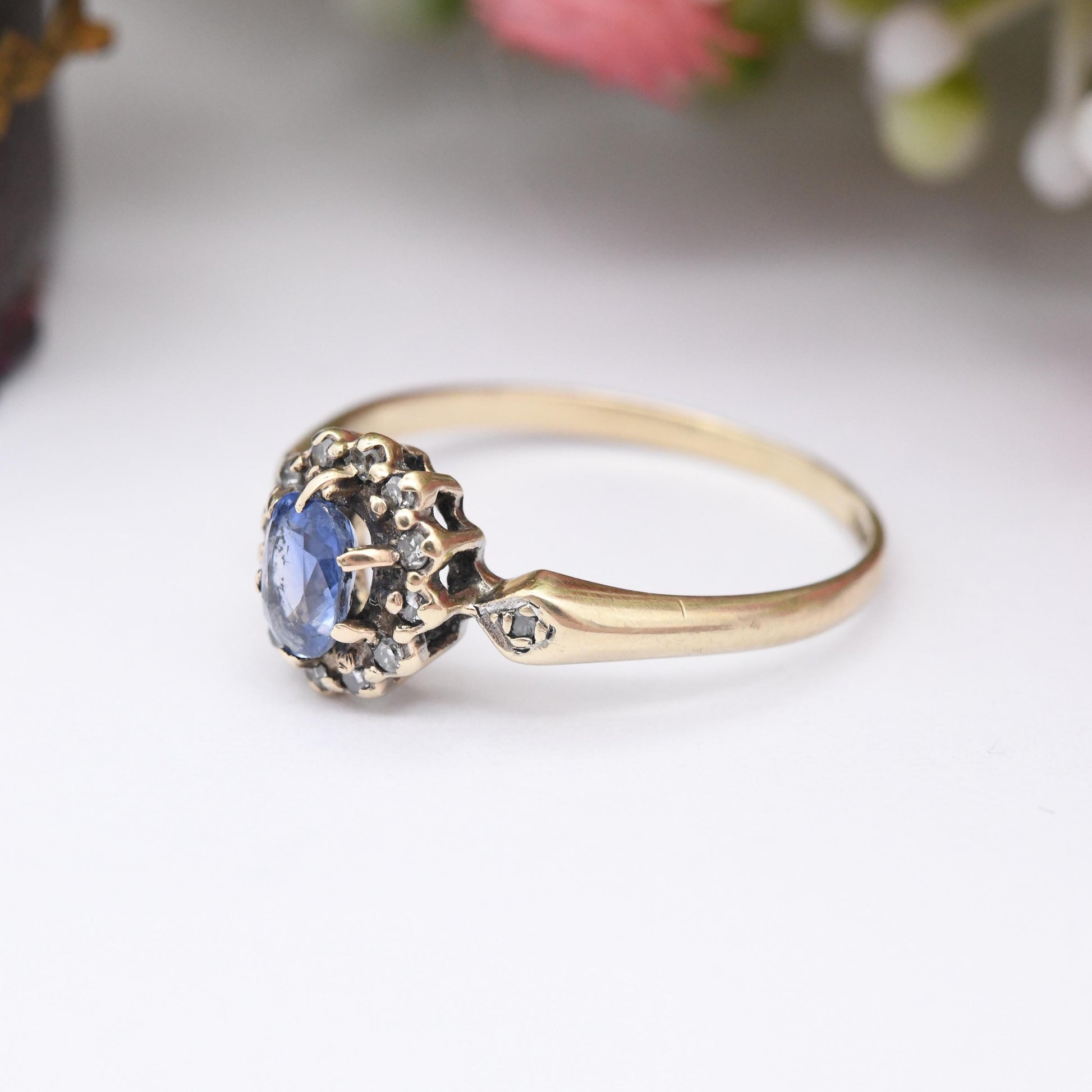 Vintage 9ct Gold Sapphire Diamond Halo Ring 1990 - Pretty Light Blue Gemstone Floral Ring Gift for Her | UK Size - N | US Size - 6 3/4
