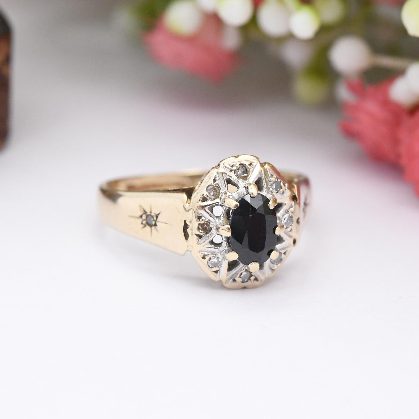 Vintage 9ct Gold Diamond Sapphire Halo Ring 1993 - Statement Cocktail Deep Blue Engagement Ring Gift | UK Size - L | US Size - 5 3/4