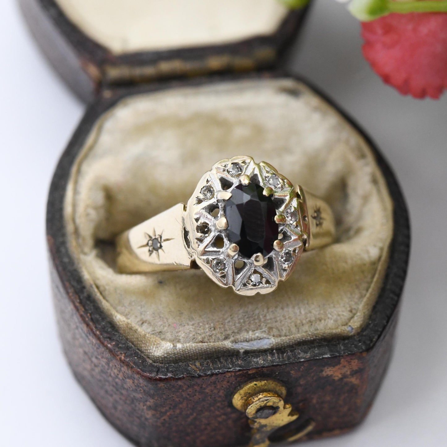 Vintage 9ct Gold Diamond Sapphire Halo Ring 1993 - Statement Cocktail Deep Blue Engagement Ring Gift | UK Size - L | US Size - 5 3/4