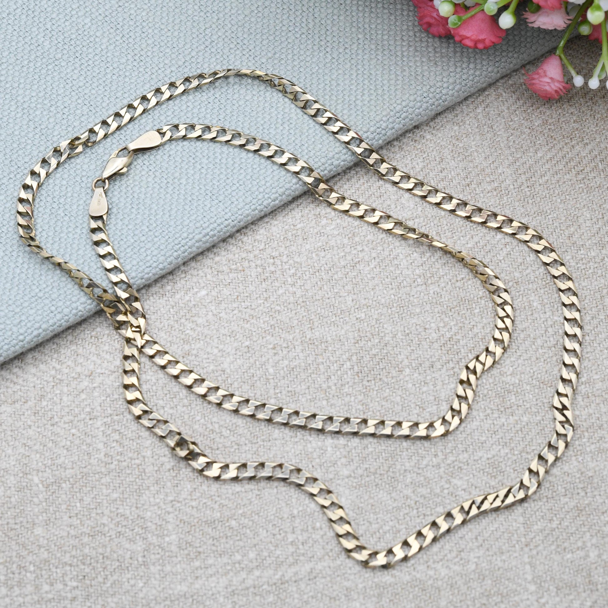Vintage 9ct Gold Flat Curb Chain Necklace 1990 - Unisex Long 9K Solid Gold Chain | Yellow Gold Jewellery for Men | 63.5cm | 25"