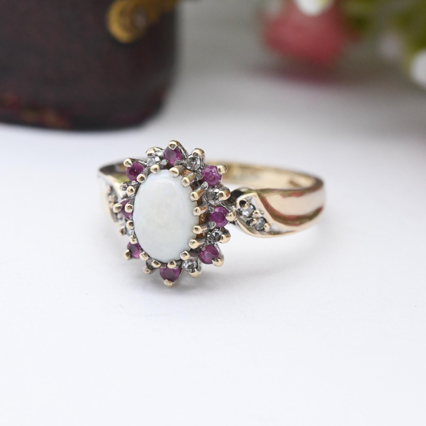 Vintage 9ct Gold Opal Ruby Diamond Halo Ring 1995 - 1990s Edwardian Style | White and Red Gemstone Gift for Her | UK Size K | US Size 5 1/4