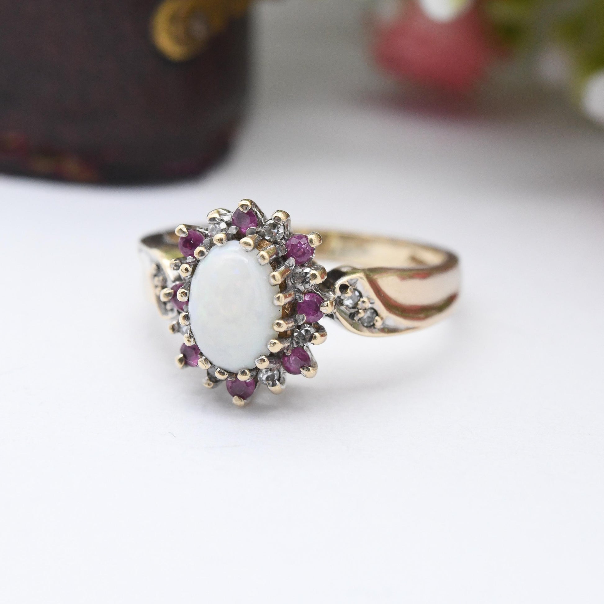 Vintage 9ct Gold Opal Ruby Diamond Halo Ring 1995 - 1990s Edwardian Style | White and Red Gemstone Gift for Her | UK Size K | US Size 5 1/4