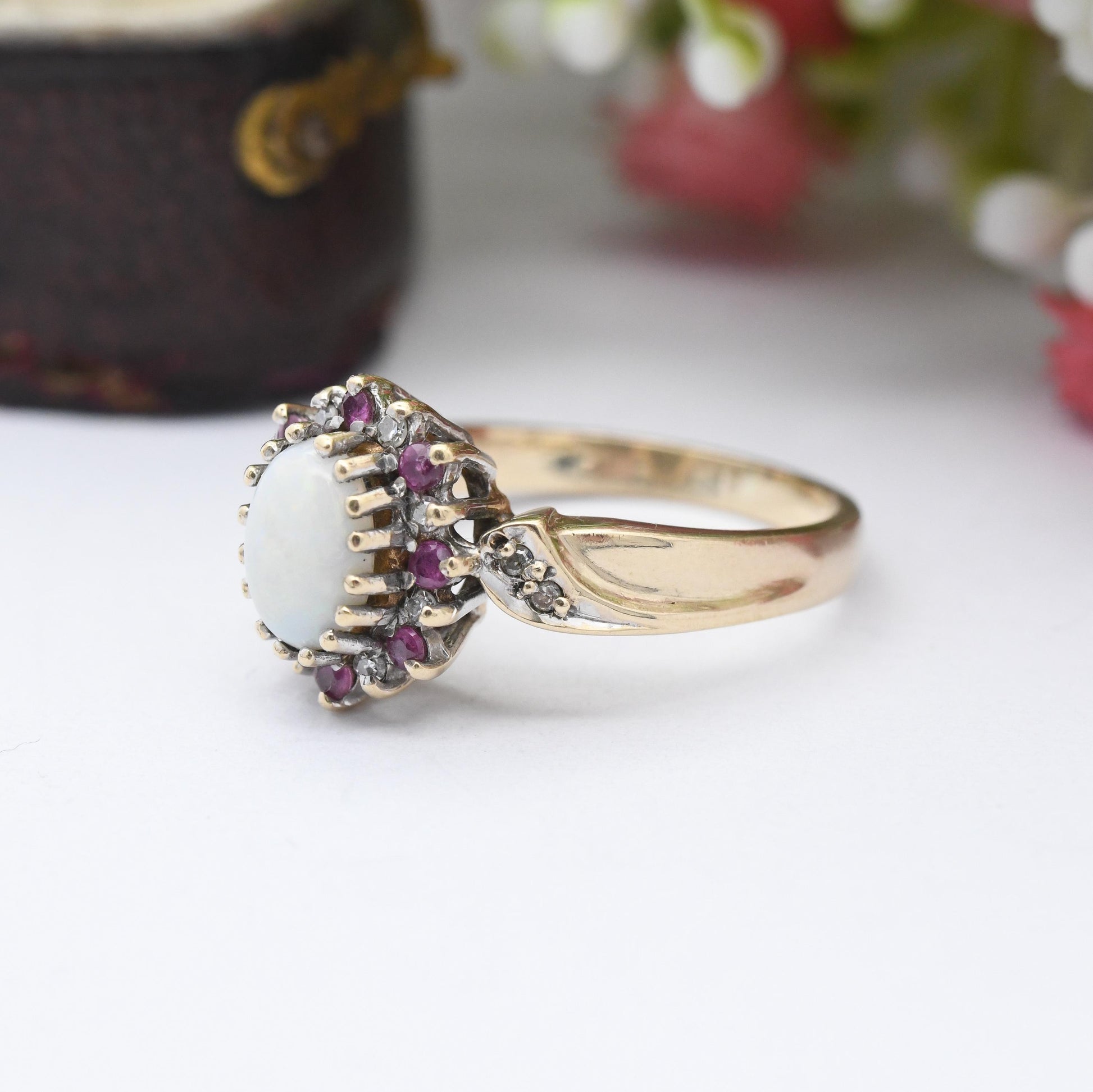 Vintage 9ct Gold Opal Ruby Diamond Halo Ring 1995 - 1990s Edwardian Style | White and Red Gemstone Gift for Her | UK Size K | US Size 5 1/4