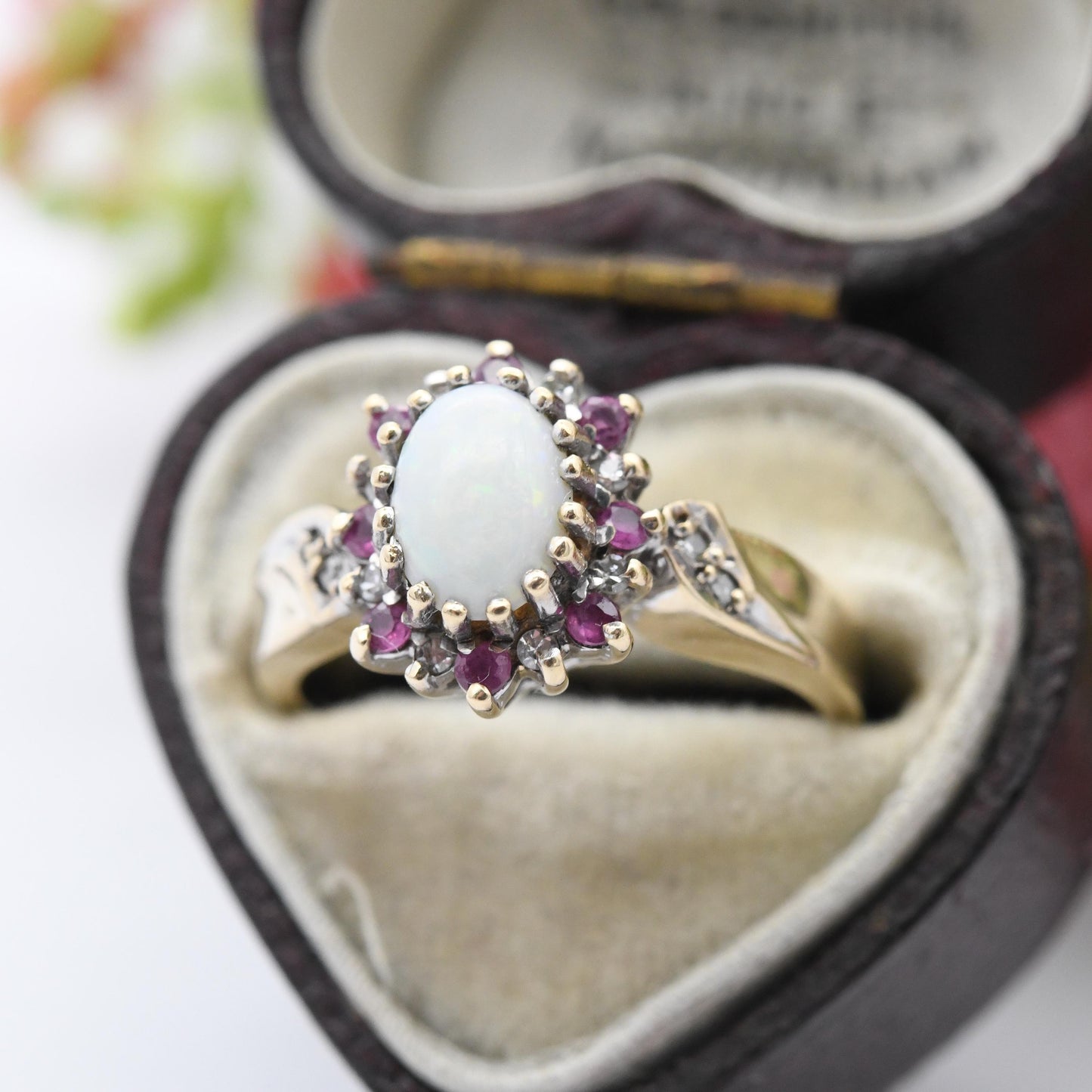 Vintage 9ct Gold Opal Ruby Diamond Halo Ring 1995 - 1990s Edwardian Style | White and Red Gemstone Gift for Her | UK Size K | US Size 5 1/4