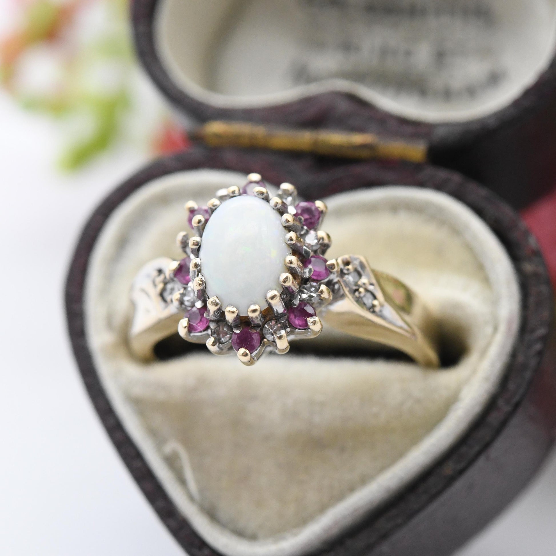 Vintage 9ct Gold Opal Ruby Diamond Halo Ring 1995 - 1990s Edwardian Style | White and Red Gemstone Gift for Her | UK Size K | US Size 5 1/4