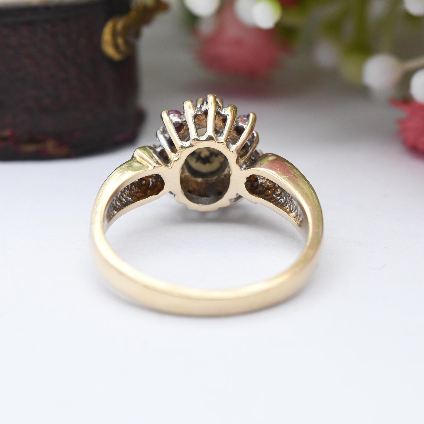 Vintage 9ct Gold Opal Ruby Diamond Halo Ring 1995 - 1990s Edwardian Style | White and Red Gemstone Gift for Her | UK Size K | US Size 5 1/4