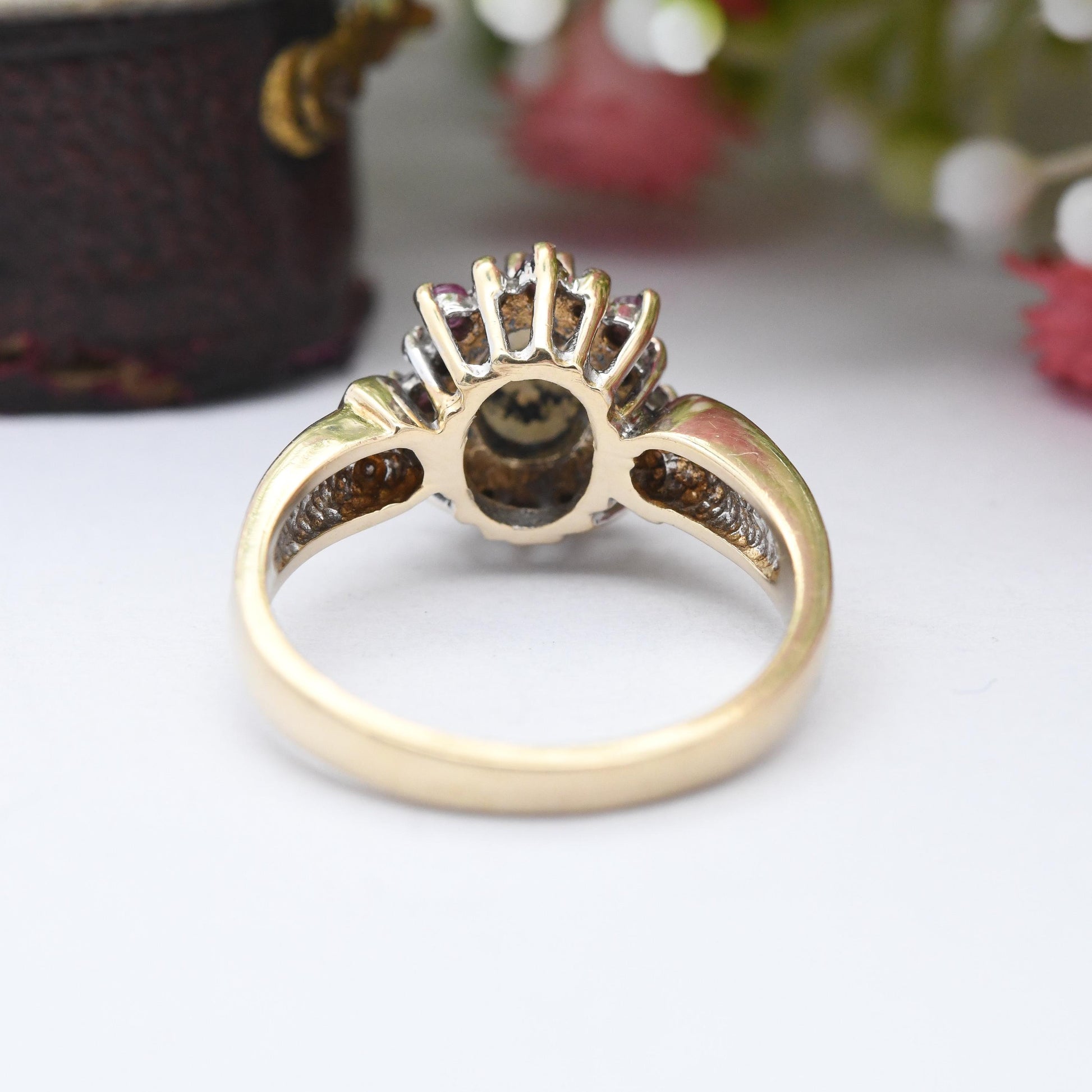 Vintage 9ct Gold Opal Ruby Diamond Halo Ring 1995 - 1990s Edwardian Style | White and Red Gemstone Gift for Her | UK Size K | US Size 5 1/4