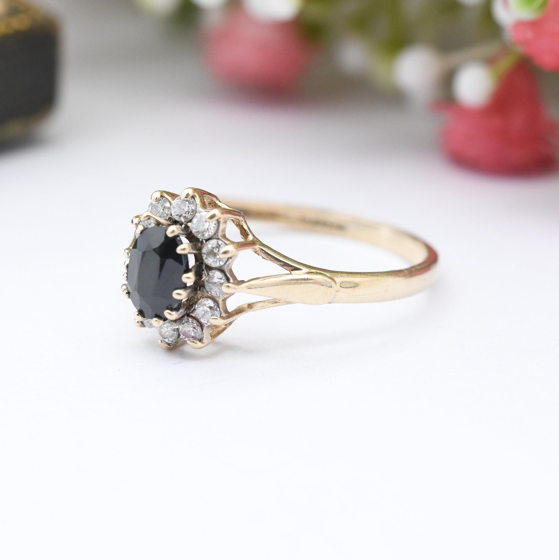 Vintage 9ct Gold Sapphire and CZ Halo Ring 1991 - Gemstone Blue Floral Cluster Jewellery Gift for Her | UK Size - R | US Size - 8 1/2