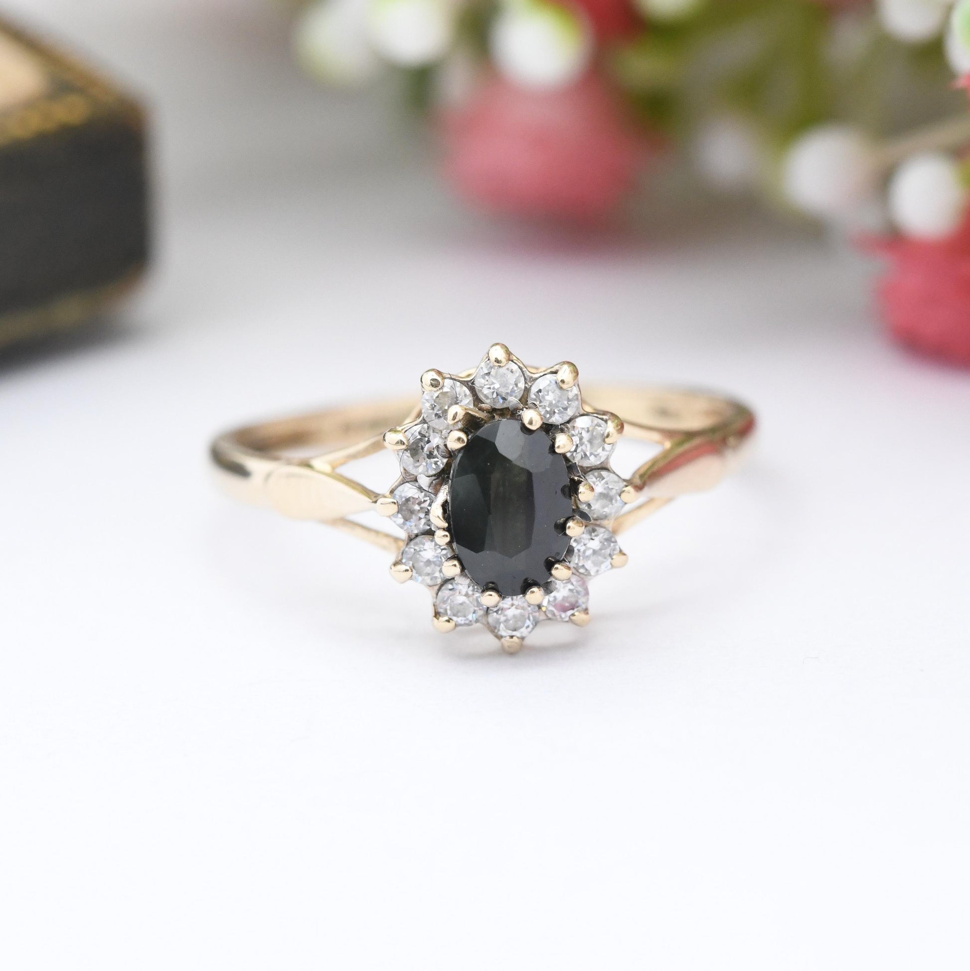 Vintage 9ct Gold Sapphire and CZ Halo Ring 1991 - Gemstone Blue Floral Cluster Jewellery Gift for Her | UK Size - R | US Size - 8 1/2