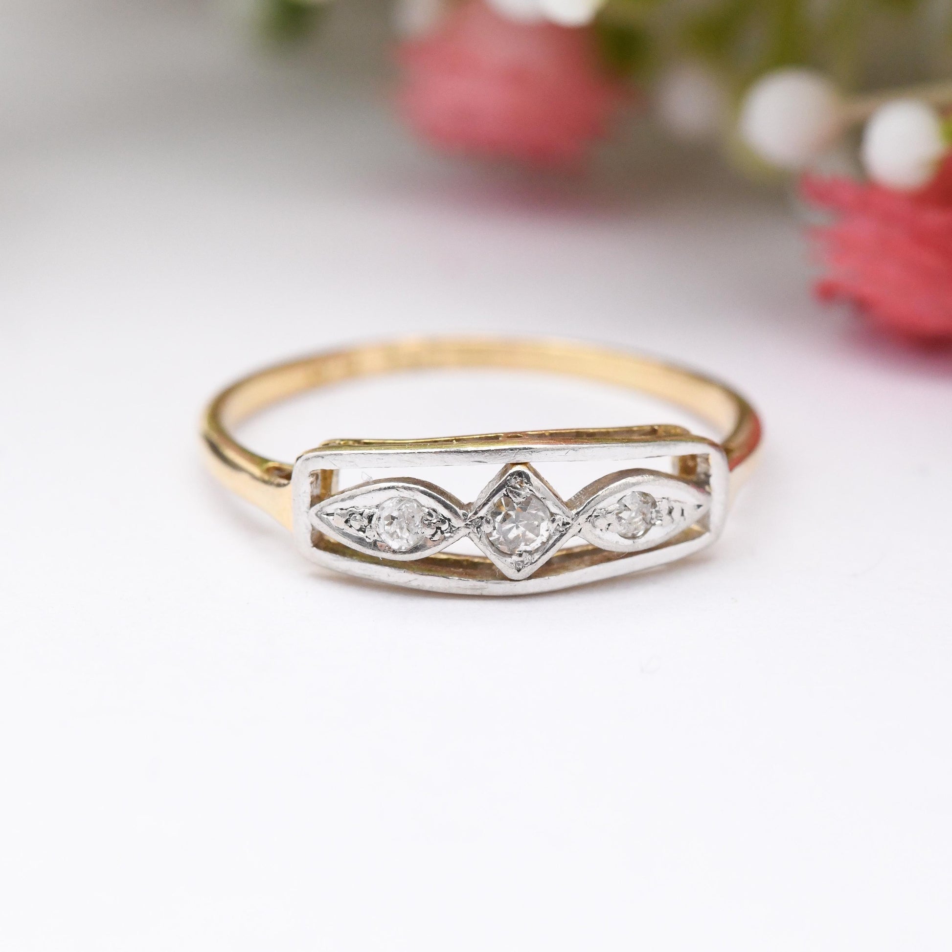 Antique Art Deco 18ct Gold and Platinum Diamond Three Stone Ring - Early 20th Century Trilogy Engagement | UK Size - O 1/2 | US Size - 7 1/2