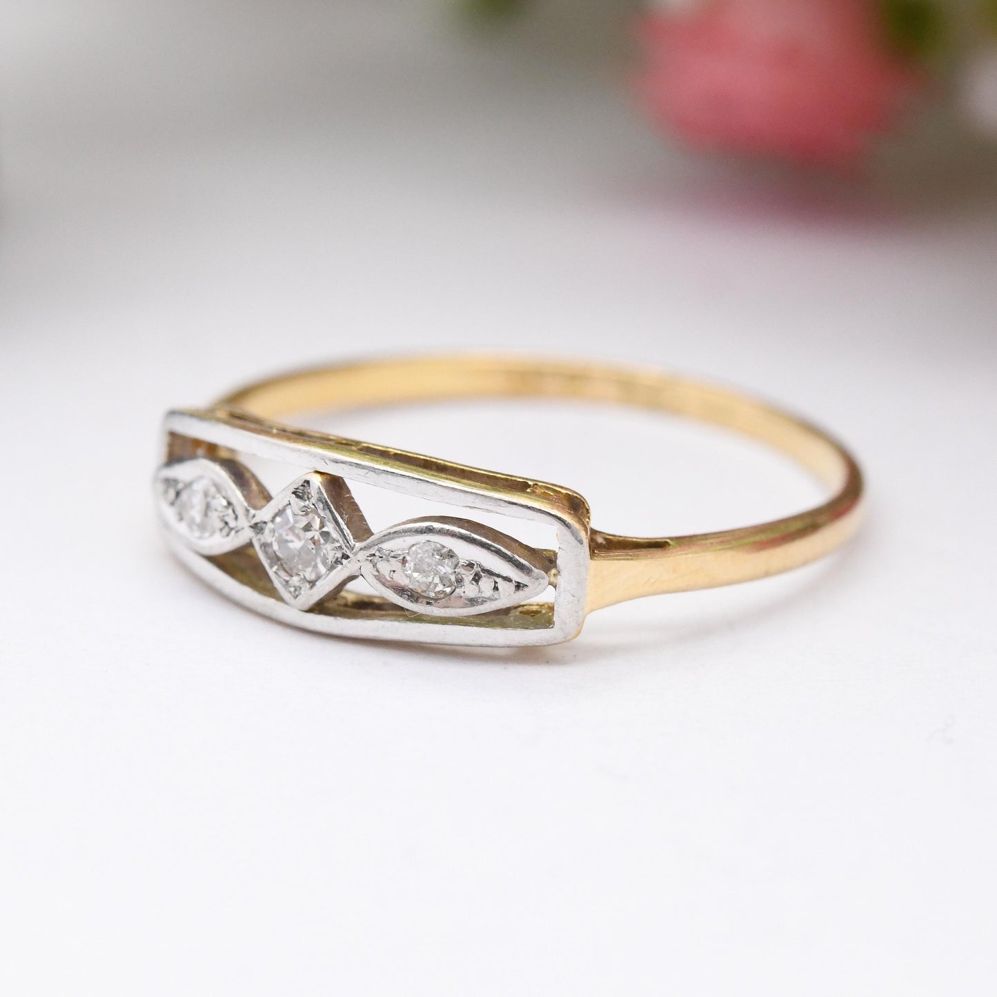 Antique Art Deco 18ct Gold and Platinum Diamond Three Stone Ring - Early 20th Century Trilogy Engagement | UK Size - O 1/2 | US Size - 7 1/2