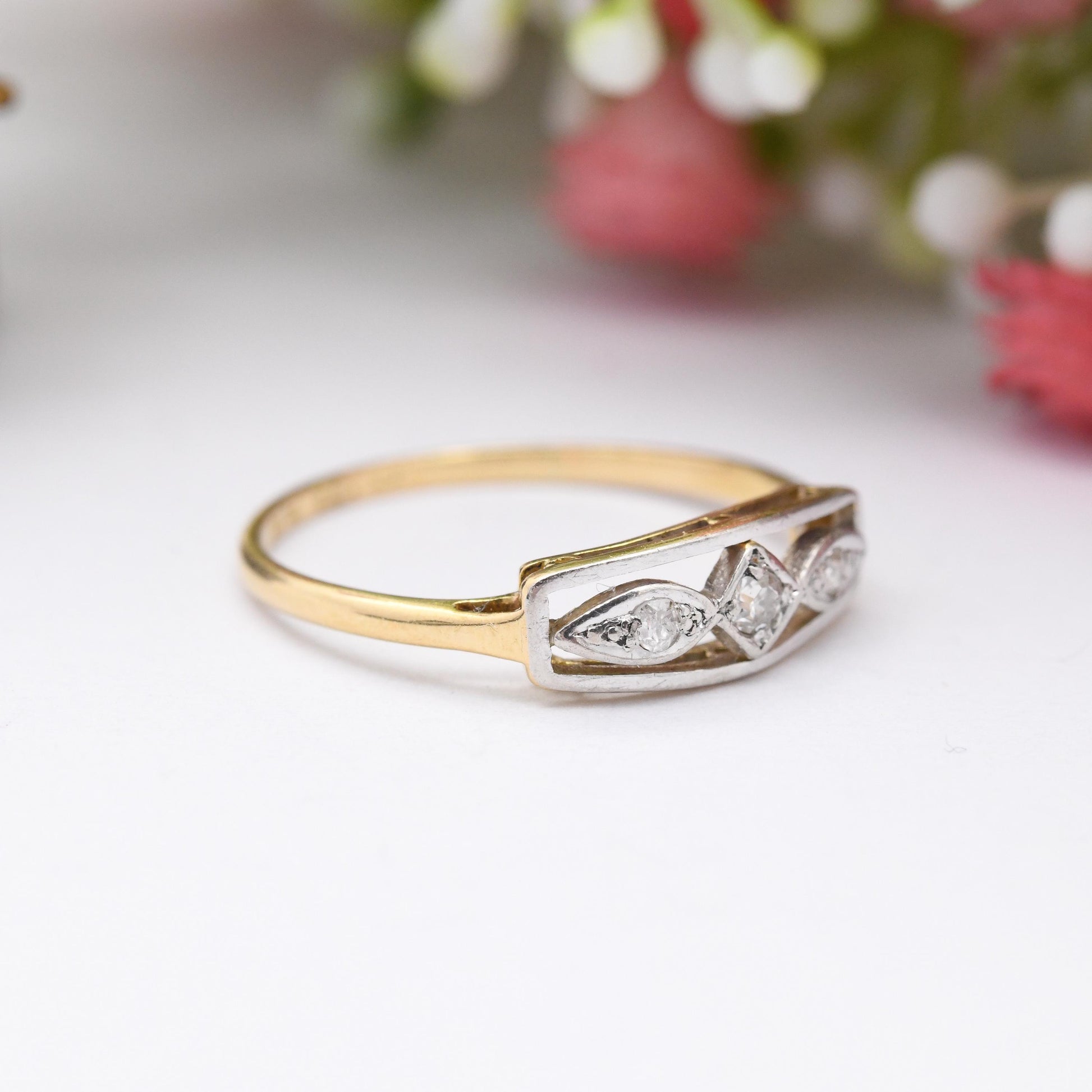 Antique Art Deco 18ct Gold and Platinum Diamond Three Stone Ring - Early 20th Century Trilogy Engagement | UK Size - O 1/2 | US Size - 7 1/2