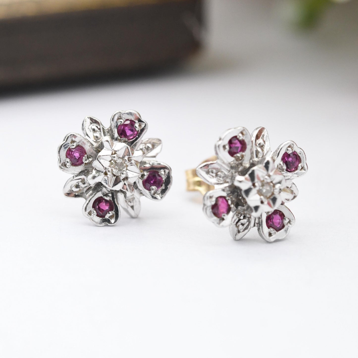 Vintage 9ct White Gold Ruby Diamond Flower Earrings 1977 - Quatrefoil Floral Studs | April July Birthstone Gift | Butterfly Backs Solid Gold