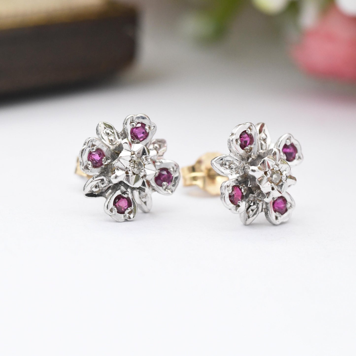 Vintage 9ct White Gold Ruby Diamond Flower Earrings 1977 - Quatrefoil Floral Studs | April July Birthstone Gift | Butterfly Backs Solid Gold