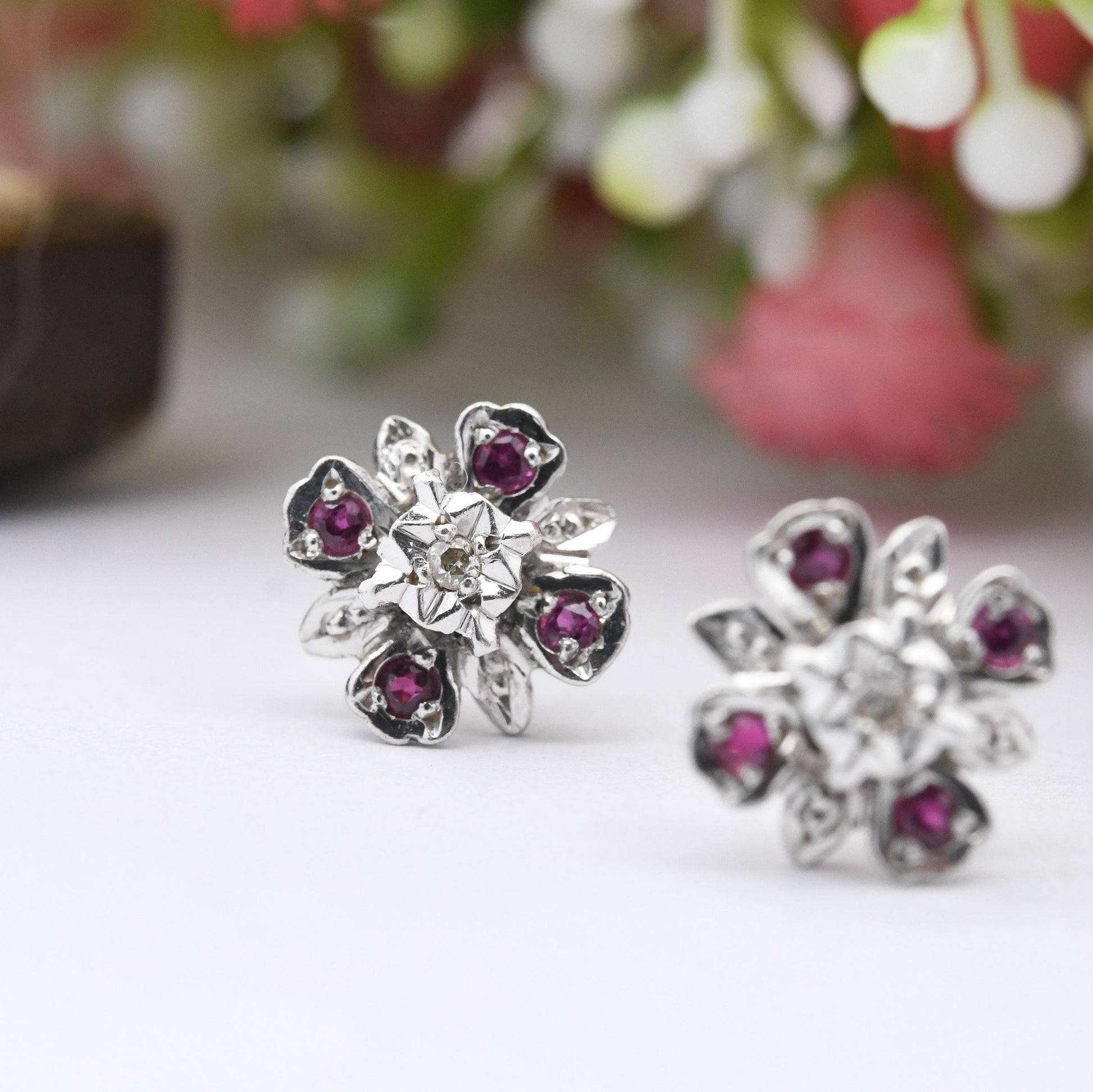 Vintage 9ct White Gold Ruby Diamond Flower Earrings 1977 - Quatrefoil Floral Studs | April July Birthstone Gift | Butterfly Backs Solid Gold