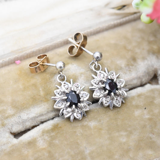 Vintage 9ct White Gold Sapphire Diamond Floral Cluster Drop Earrings - Stud with Butterfly Backs Star Flower Gemstone Jewellery Gift for Her