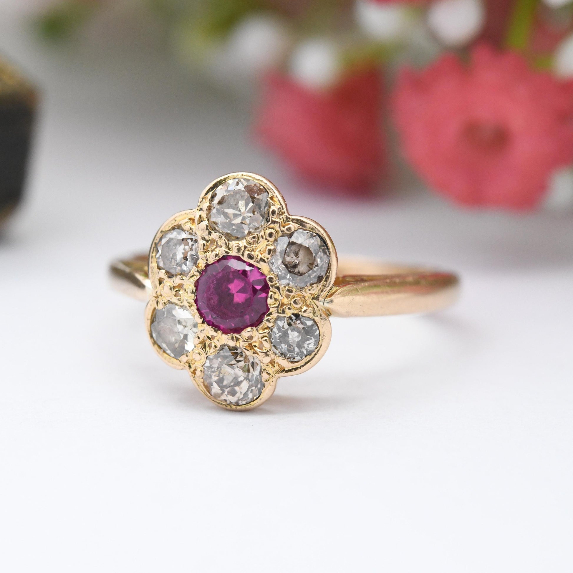 Antique 18ct Gold Ruby and Diamond Floral Cluster Ring - Pretty Flower Halo Ring | Anniversary Gift Engagement | UK Size - M | US Size - 6