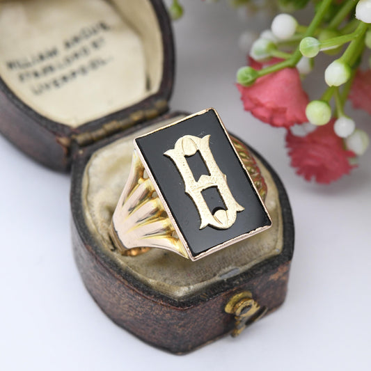 Vintage 9ct Gold Onyx Monogram Ring Letter H - Gold and Black Signet Ring Gift for Him | Large Size | UK Size - W 1/2 | US Size - 11 1/4