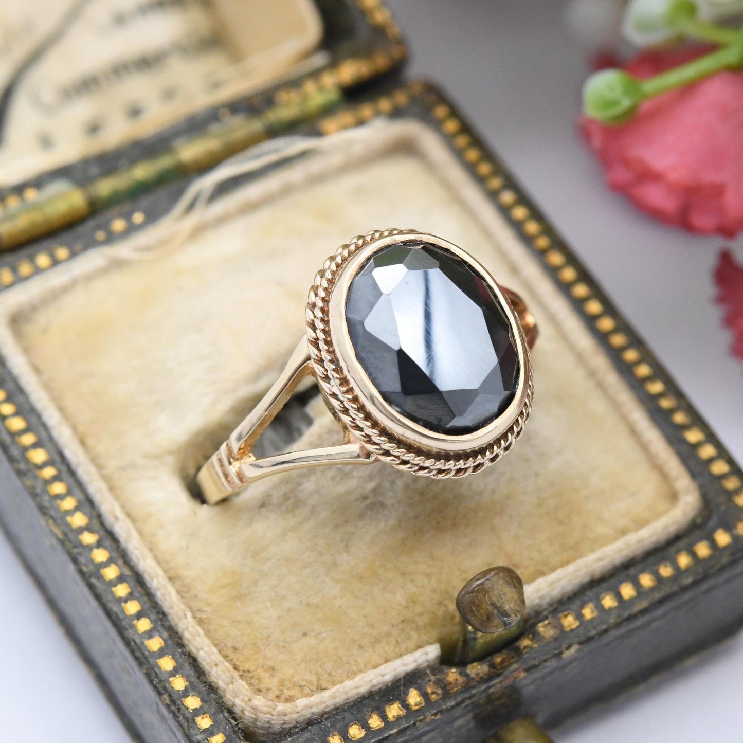 Vintage 9ct Gold Hematite Ring 1984 - Rope Twist Grey Black Gemstone Faceted Oval Stone Large Solitaire | UK Size - L | US Size - 5 3/4