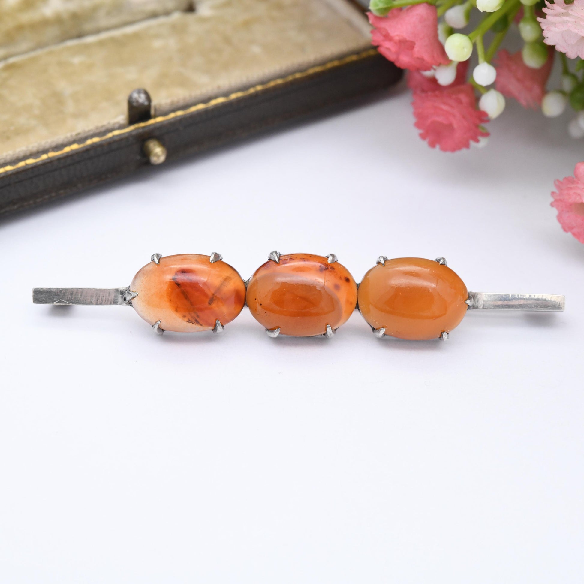 Antique Silver Carnelian Cabochon Bar Brooch c. 1910s - Long Three Stone Trilogy Set Minimal Design | Banded Orange Gemstone Jewellery Gift