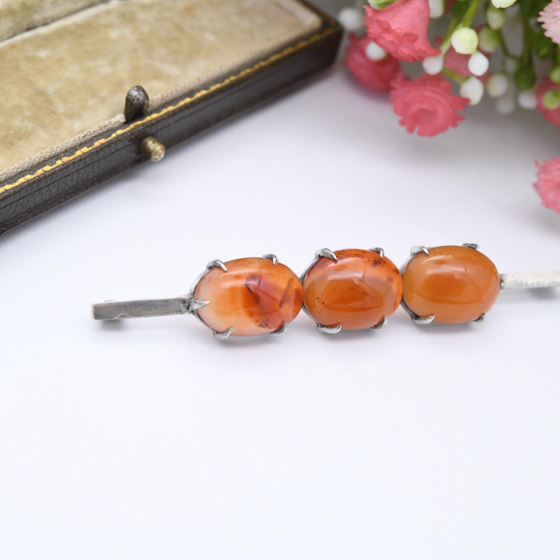 Antique Silver Carnelian Cabochon Bar Brooch c. 1910s - Long Three Stone Trilogy Set Minimal Design | Banded Orange Gemstone Jewellery Gift