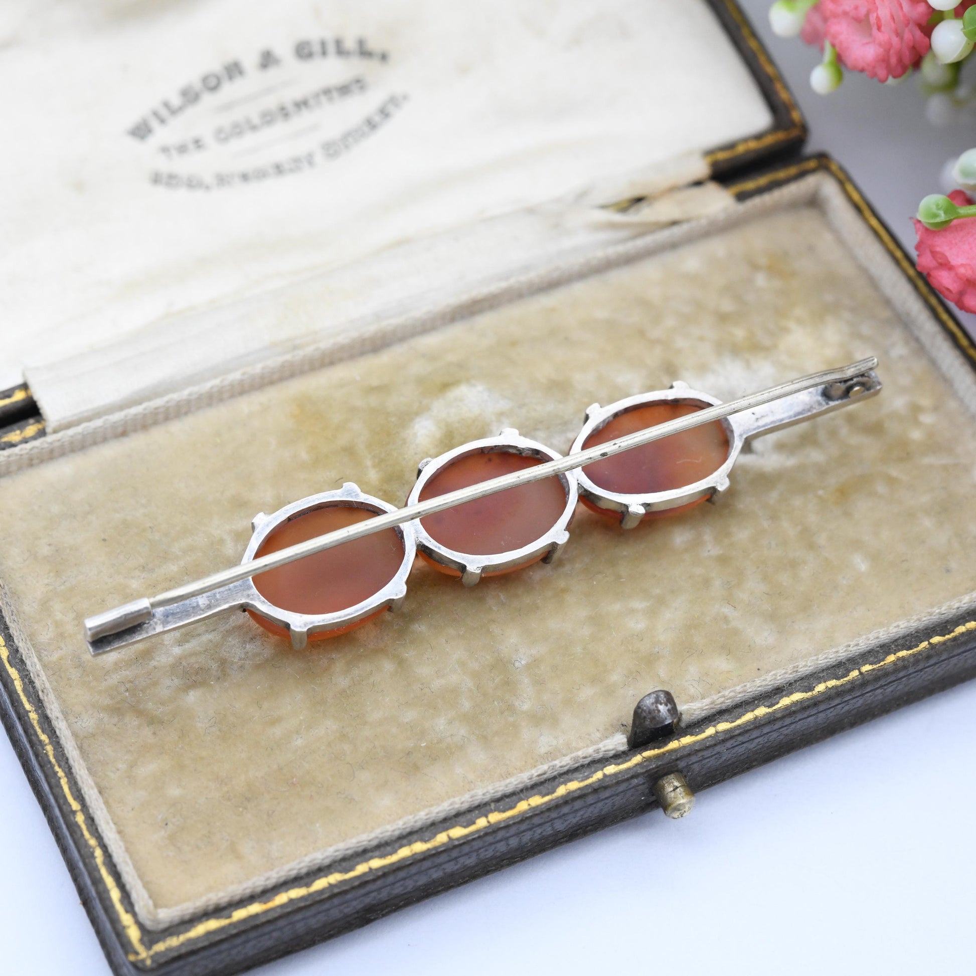 Antique Silver Carnelian Cabochon Bar Brooch c. 1910s - Long Three Stone Trilogy Set Minimal Design | Banded Orange Gemstone Jewellery Gift