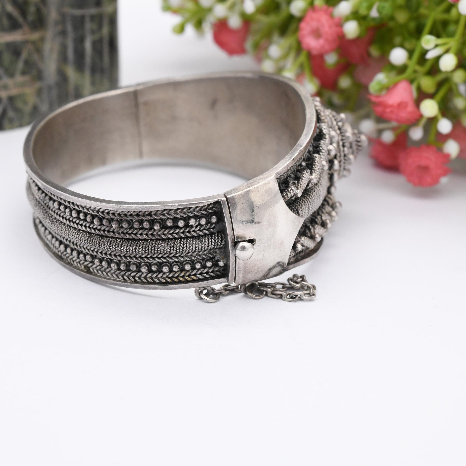 Vintage Portuguese Silver Cannetille Bangle Etruscan Revival Style Bracelet - Ornate Wirework Twisted Rope Design | Heavy Silver Jewellery