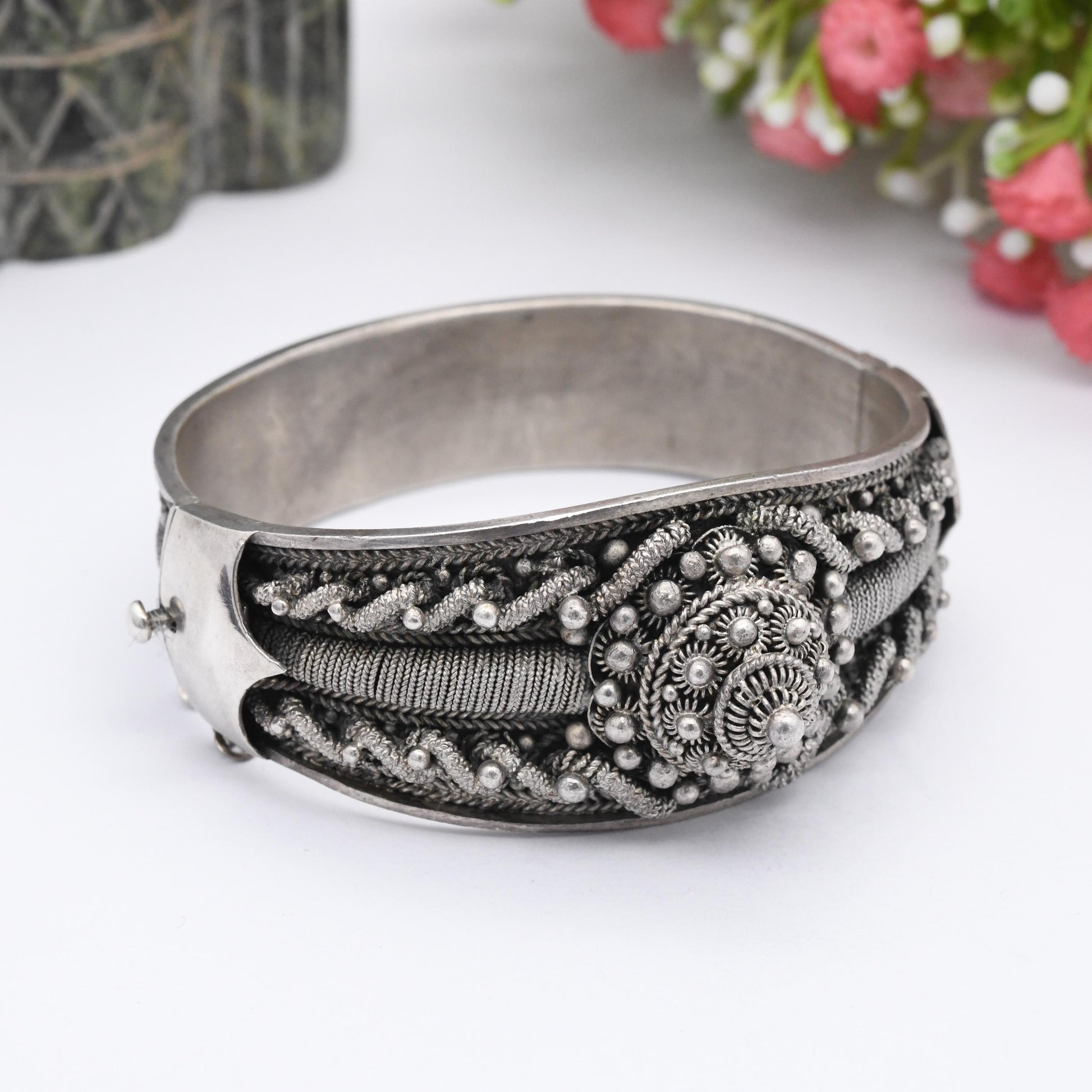 Vintage Portuguese Silver Cannetille Bangle Etruscan Revival Style Bracelet - Ornate Wirework Twisted Rope Design | Heavy Silver Jewellery