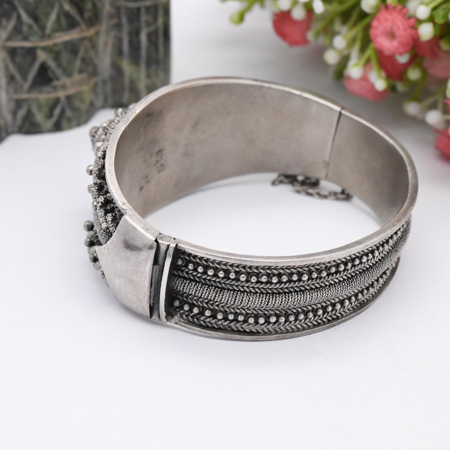 Vintage Portuguese Silver Cannetille Bangle Etruscan Revival Style Bracelet - Ornate Wirework Twisted Rope Design | Heavy Silver Jewellery